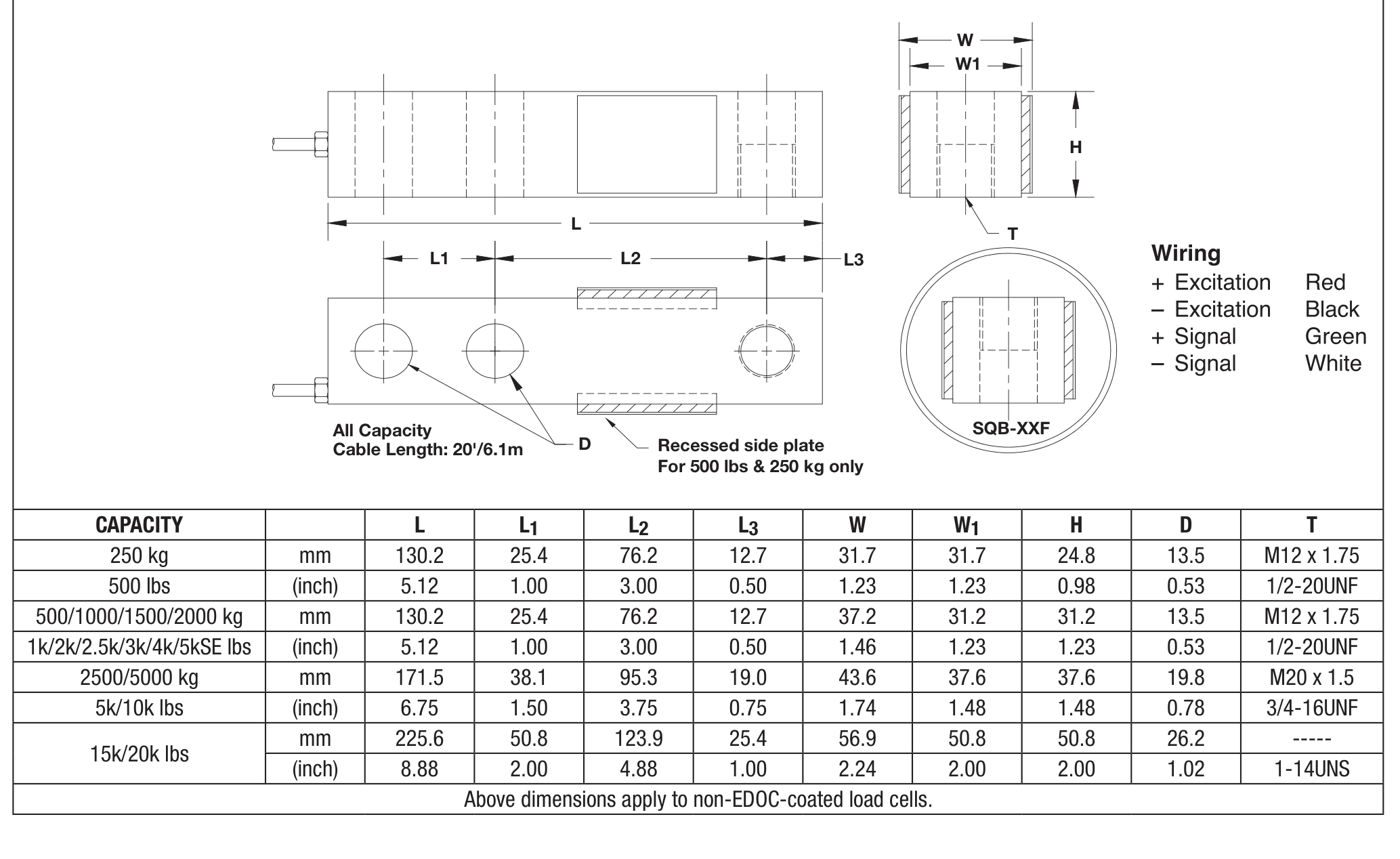 Celtron SQB-2500lb 00SQB-02E5-A5-16F Shear Beam Load Cell dimensions drawing