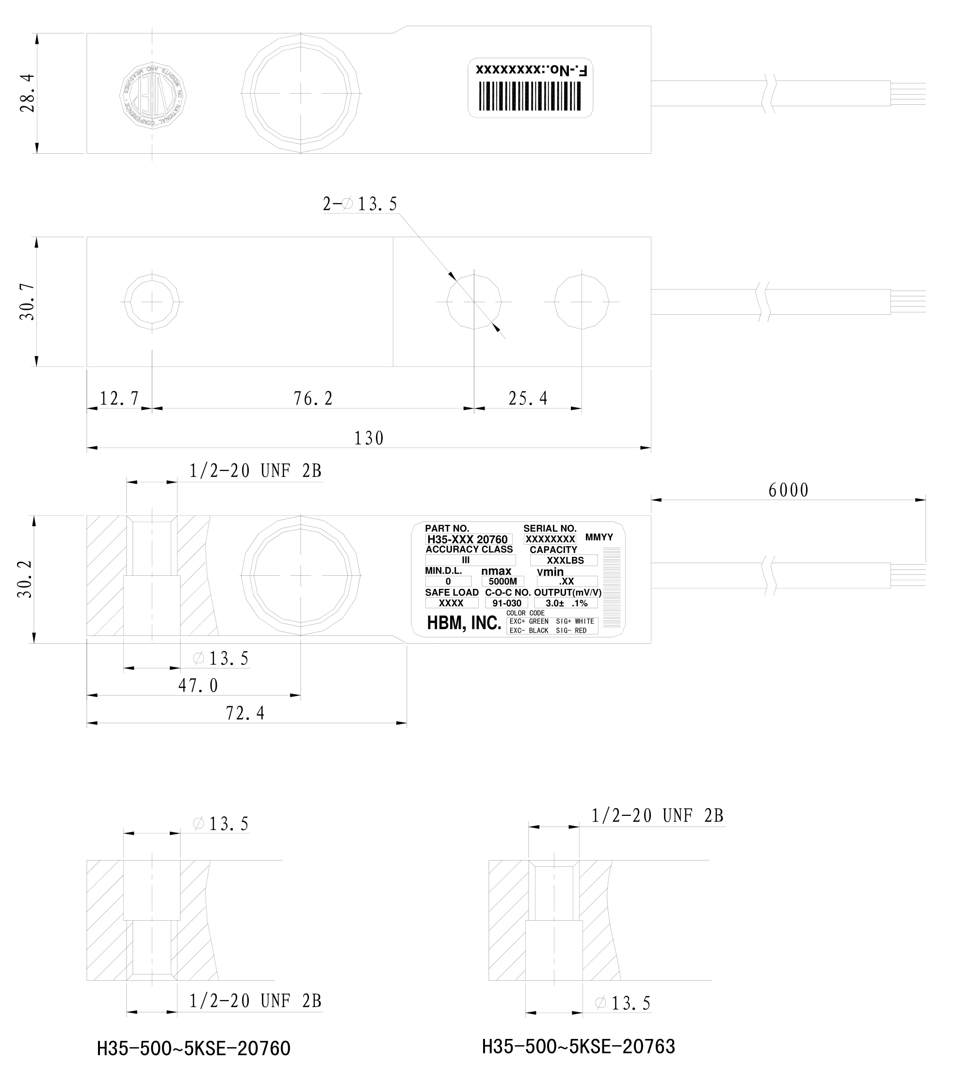 Dibujo de dimensiones: HBM 1-H35AN5/5K-1 5,000 lb Shear Beam Load Cell