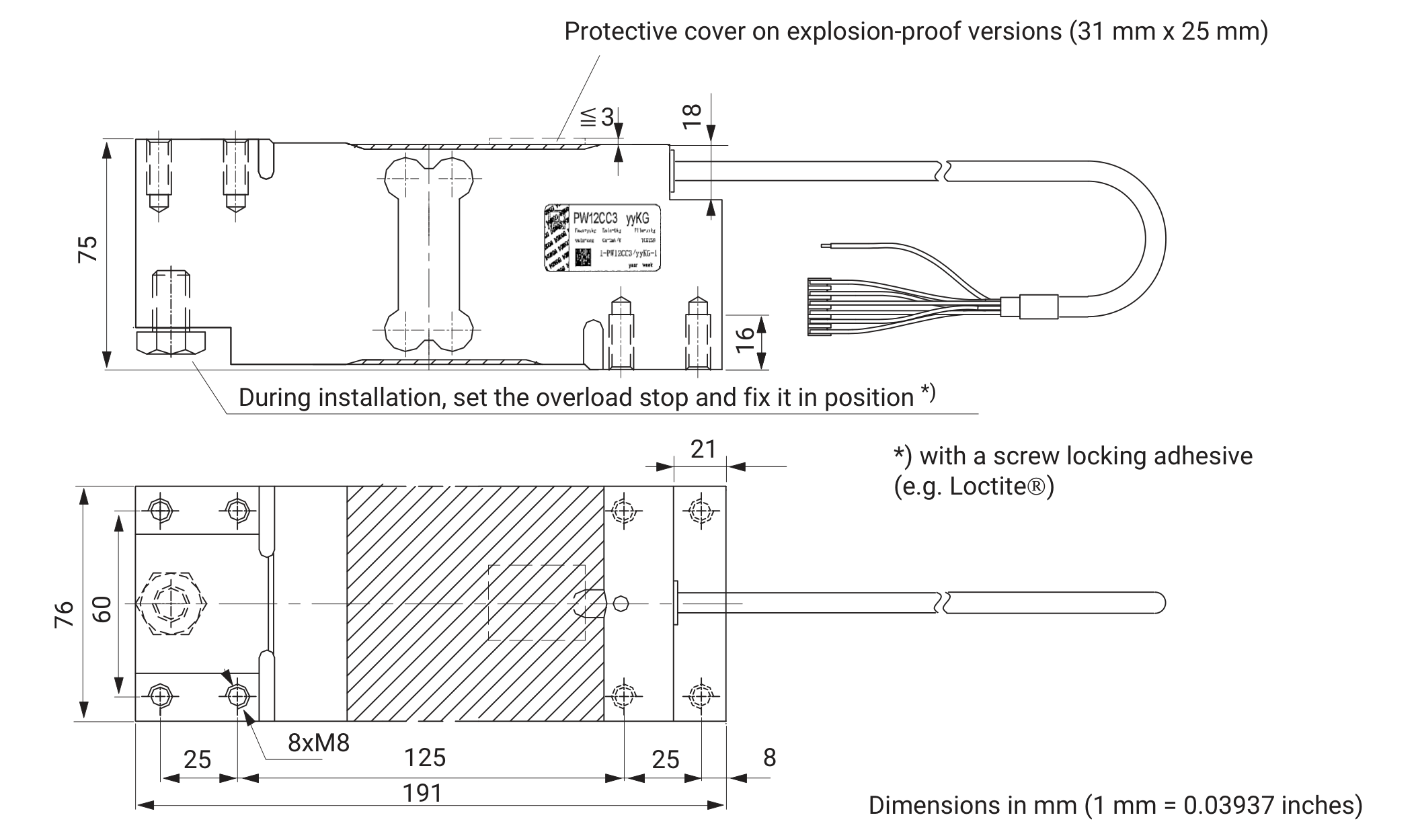 HBM 1-PW12CC3/100KG-1 100 kg Single Point Load Cell dimensions drawing