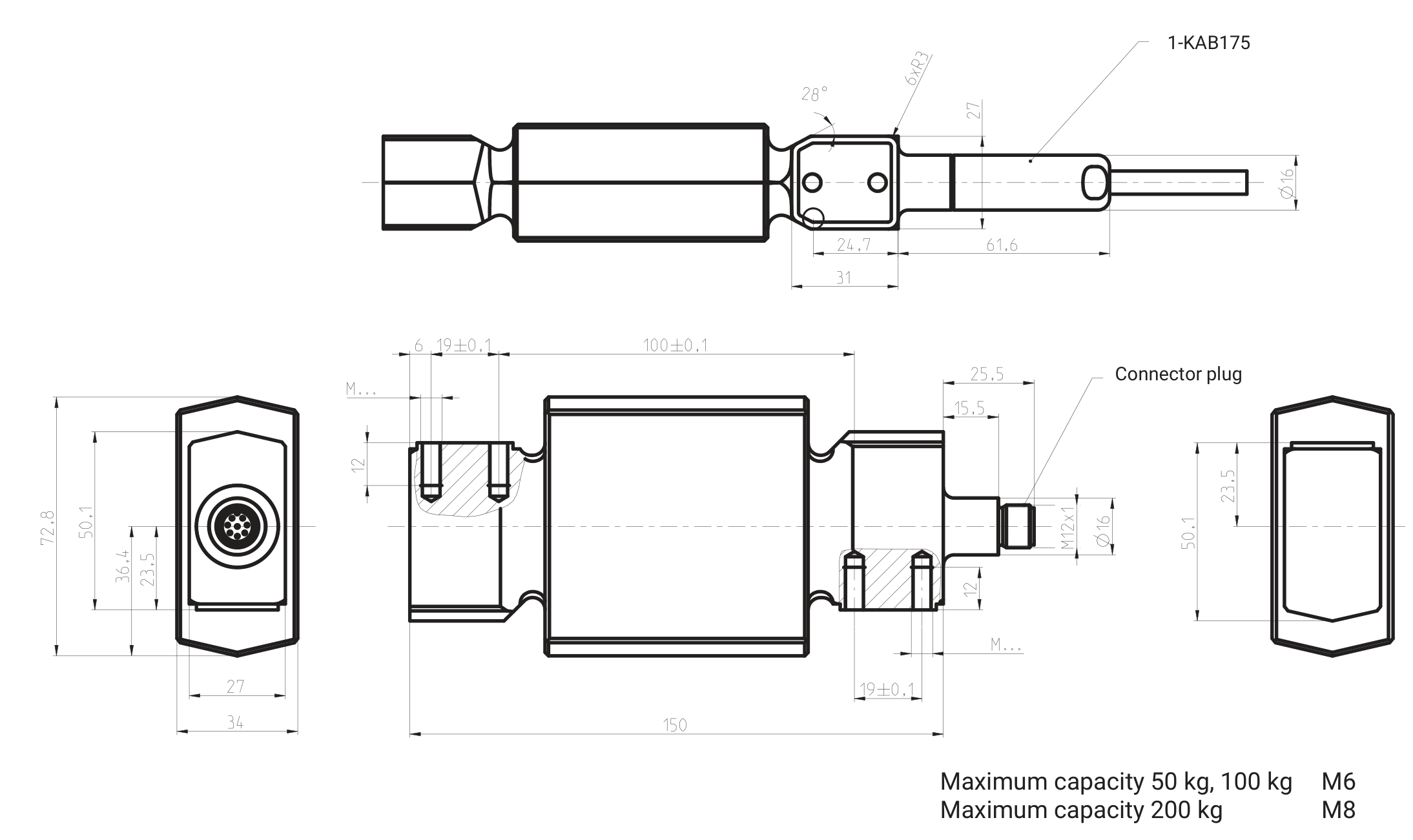 Dibujo de dimensiones: HBM 1-PW37PY/200KG-1 200 kg Single Point Load Cell