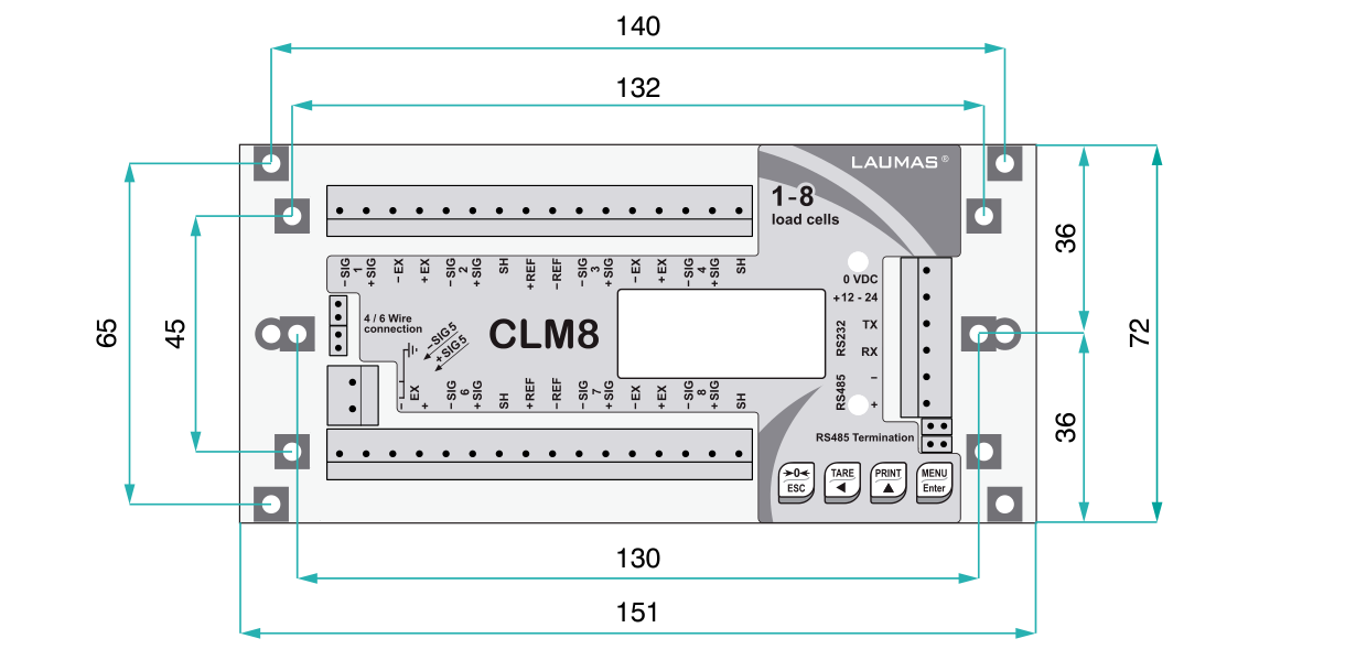 Laumas CLM8i Intelligent Junction Box, 8 Independent Channels, Board Only (No Enclosure) dimensions drawing