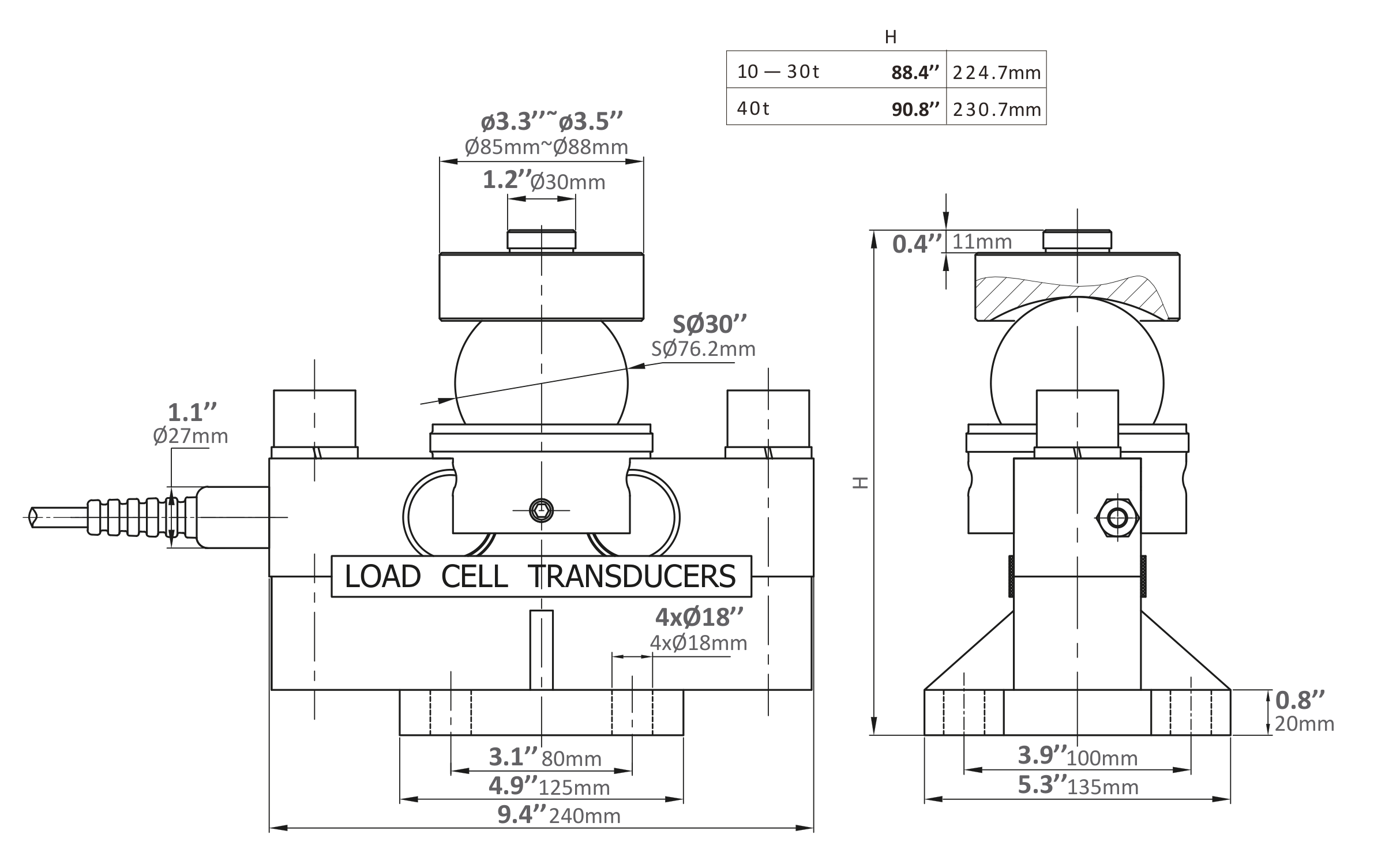 Dibujo de dimensiones: Max Powercell MP MP-LCQ Double-Ended Beam Load Cell
