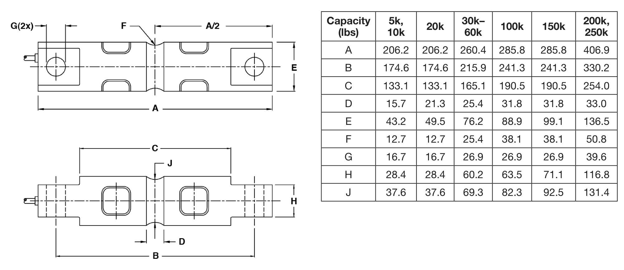 Revere 5103-75Klb 05103-075E-B1-01X Double-Ended Beam Load Cell dimensions drawing
