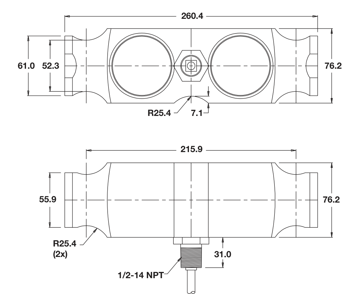 Dibujo de dimensiones: Revere 5223-65Klb 05223-065E-B1-06F Double-Ended Beam Load Cell