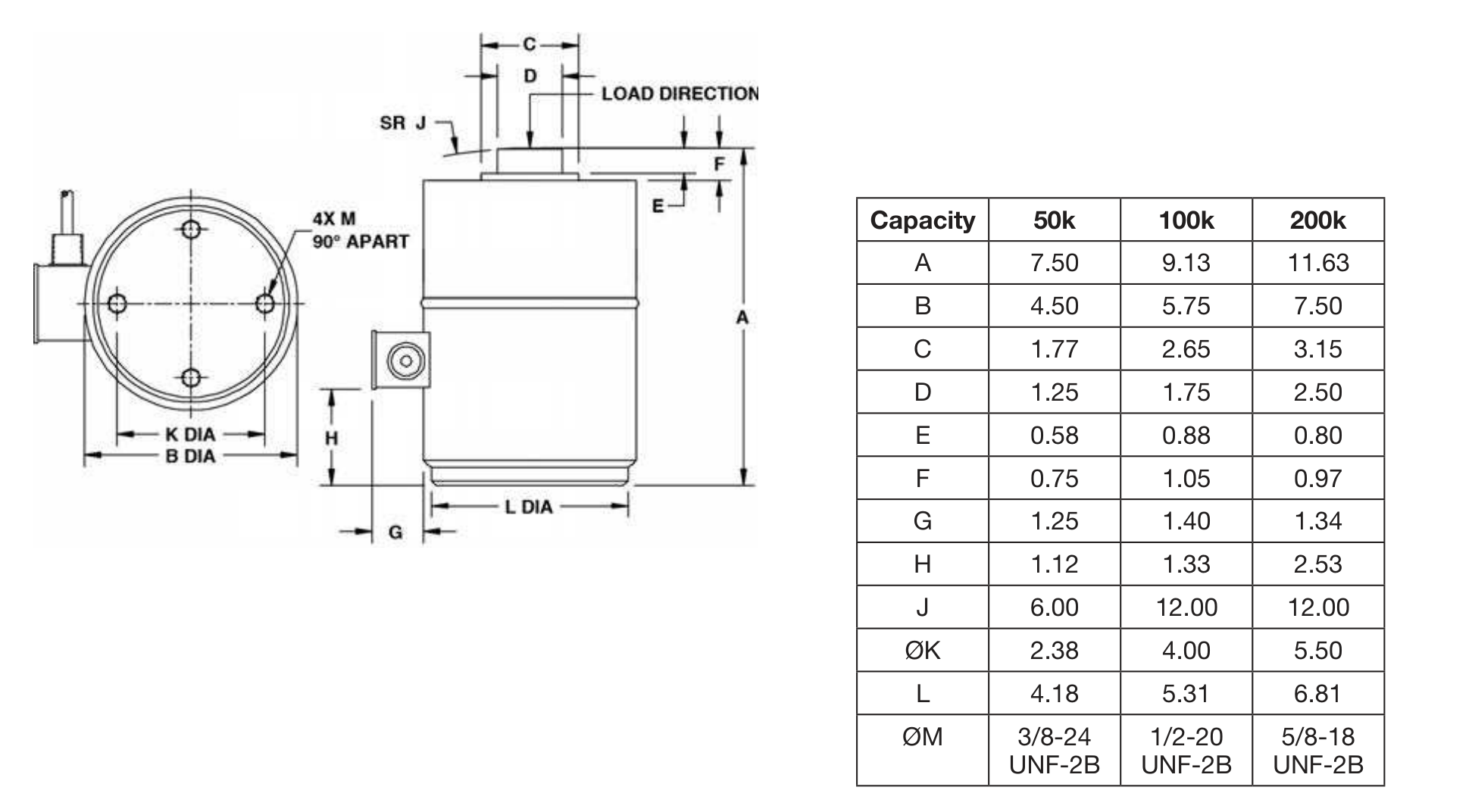 Revere 792-200Klb 00792-200E-B1-01X Compression Load Cell dimensions drawing