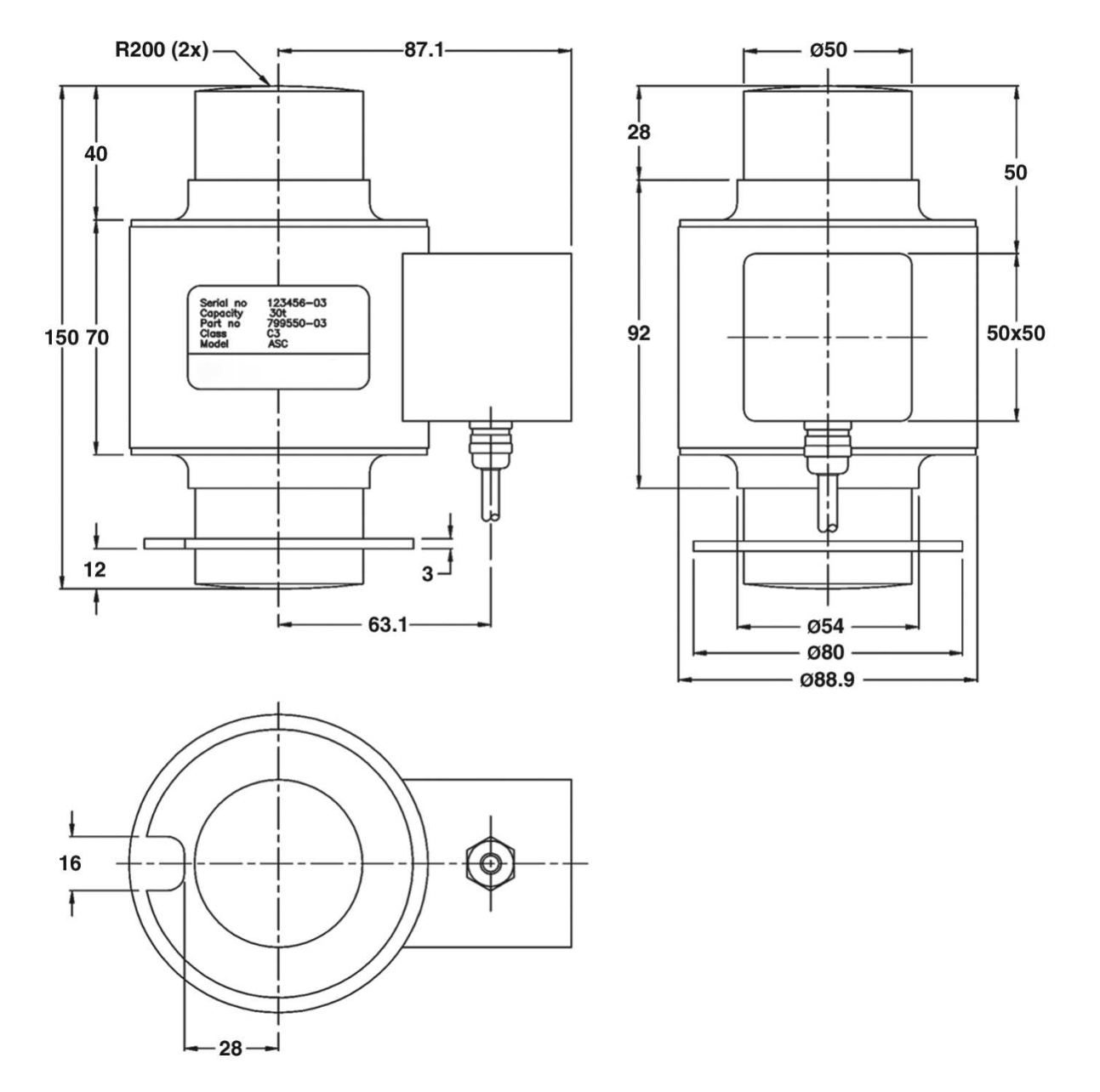 Revere ASC-30t 00ASC-030T-C3-00X Compression Load Cell dimensions drawing