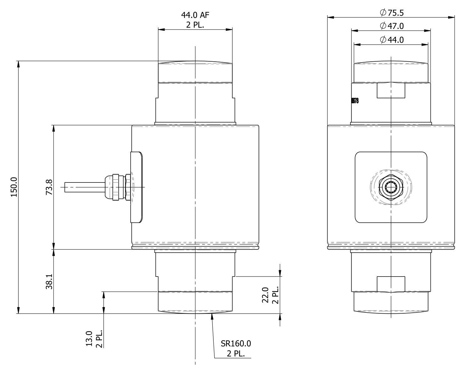 Dibujo de dimensiones: Revere ASC2 Self-Aligning Compression Load Cell