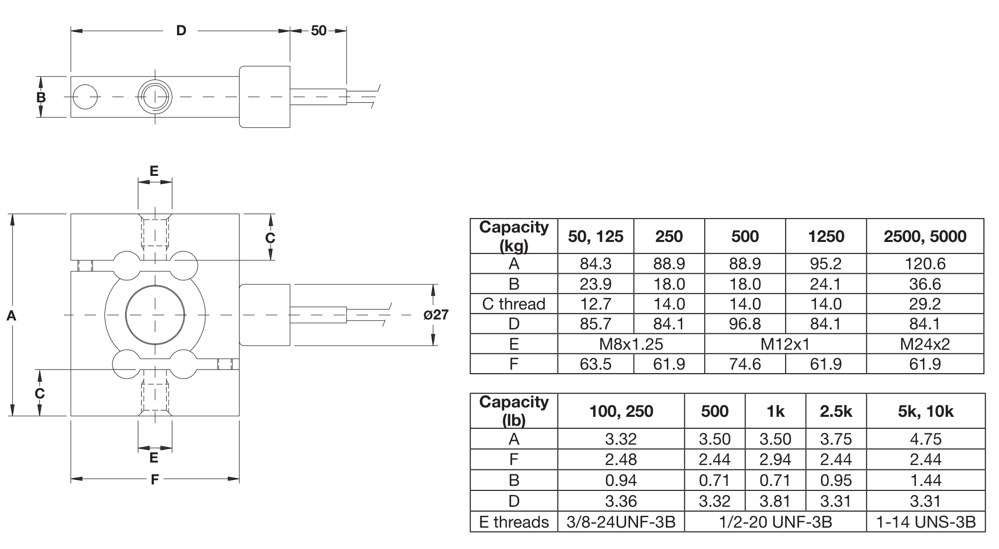 Dibujo de dimensiones: Revere BSP-1Klb 00BSP-001E-A1-00X S-Type Tension/Compression Load Cell