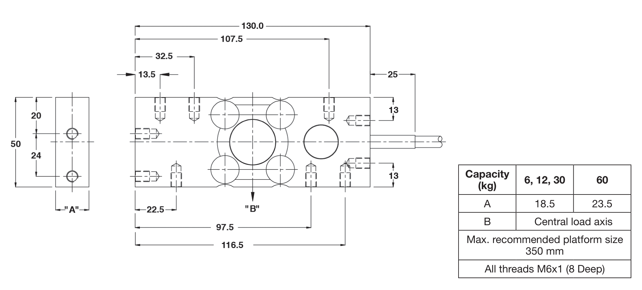 Revere HPS-60kg 00HPS-060K-3S-00F Single Point Load Cell dimensions drawing