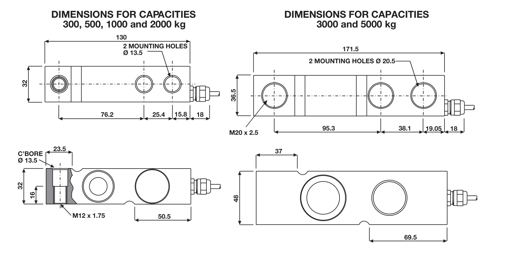 Tedea-Huntleigh 3510-1t 03510-001T-C6-00X Shear Beam Load Cell dimensions drawing
