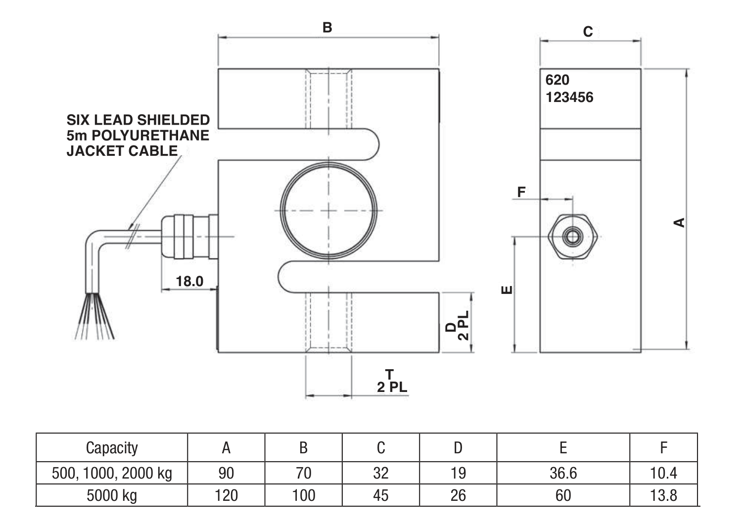 Tedea-Huntleigh 620 S-Type Load Cell dimensions drawing
