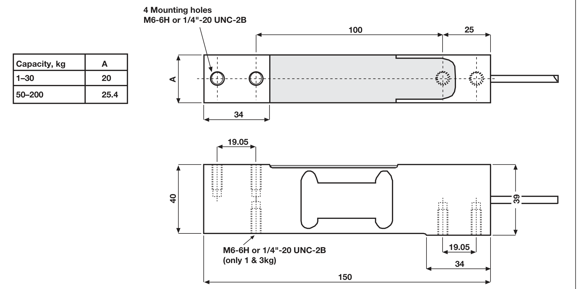 Tedea-Huntleigh 1042-150kg 01042-150K-C3-00X Single Point Load Cell dimensions drawing