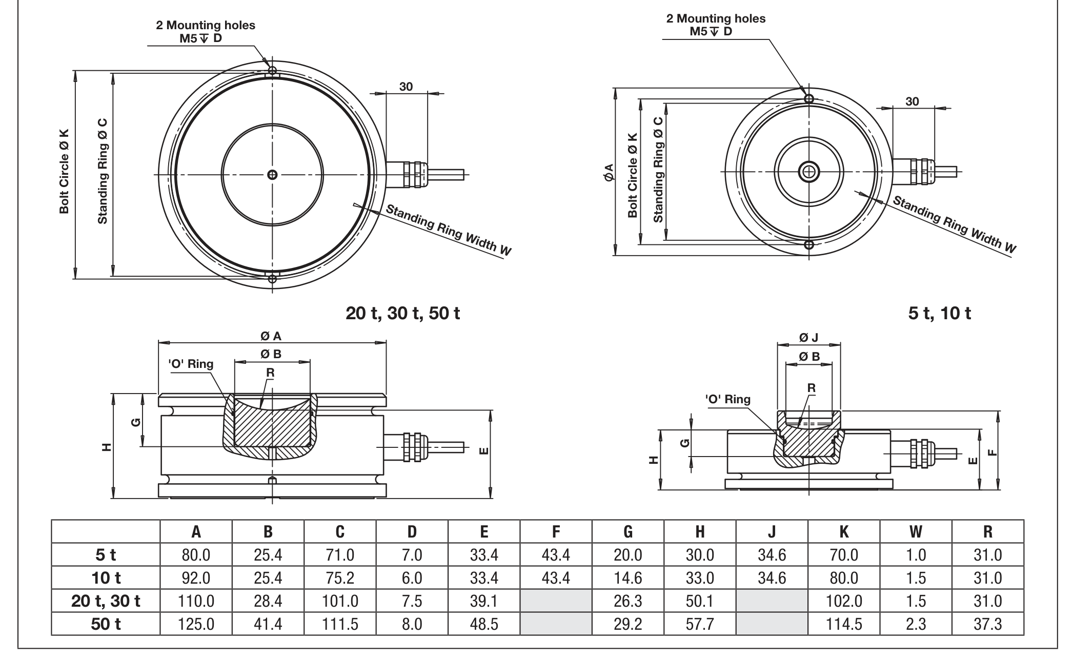 Tedea-Huntleigh 220-30t 00220-030T-C3-00F Compression Load Cell dimensions drawing