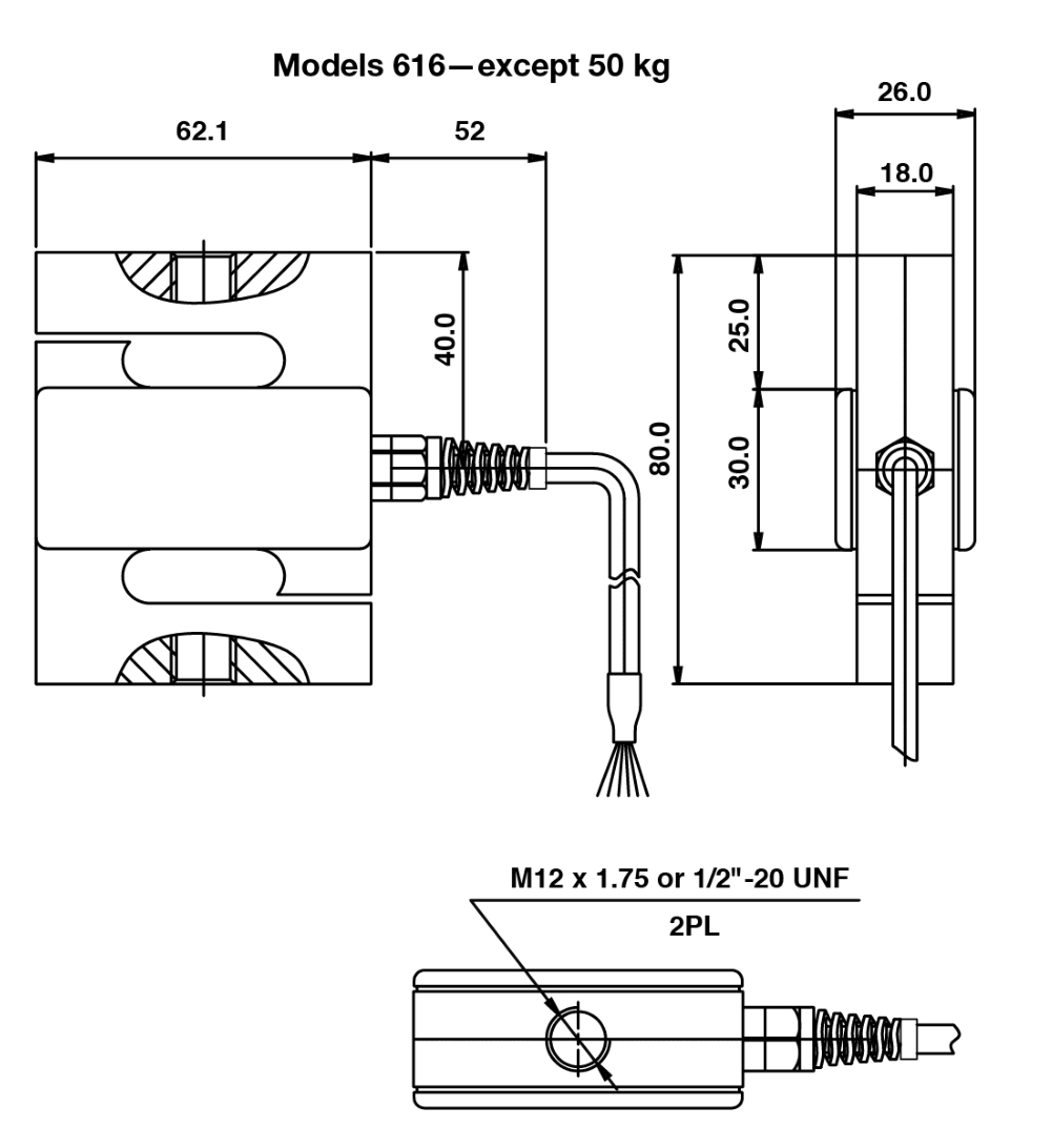 Tedea-Huntleigh 616-750kg 00616-750K-G0-00X S-Type Tension/Compression Load Cell dimensions drawing