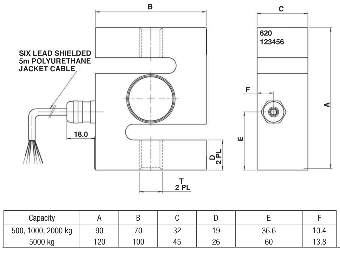 Dibujo de dimensiones: Tedea-Huntleigh S-Beam Load Cell 620 - 1,000 kg