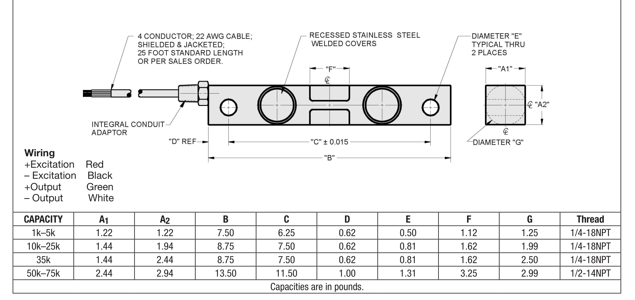 Revere 9203-5Klb 09203-005E-D3-00X Double-Ended Beam Load Cell dimensions drawing