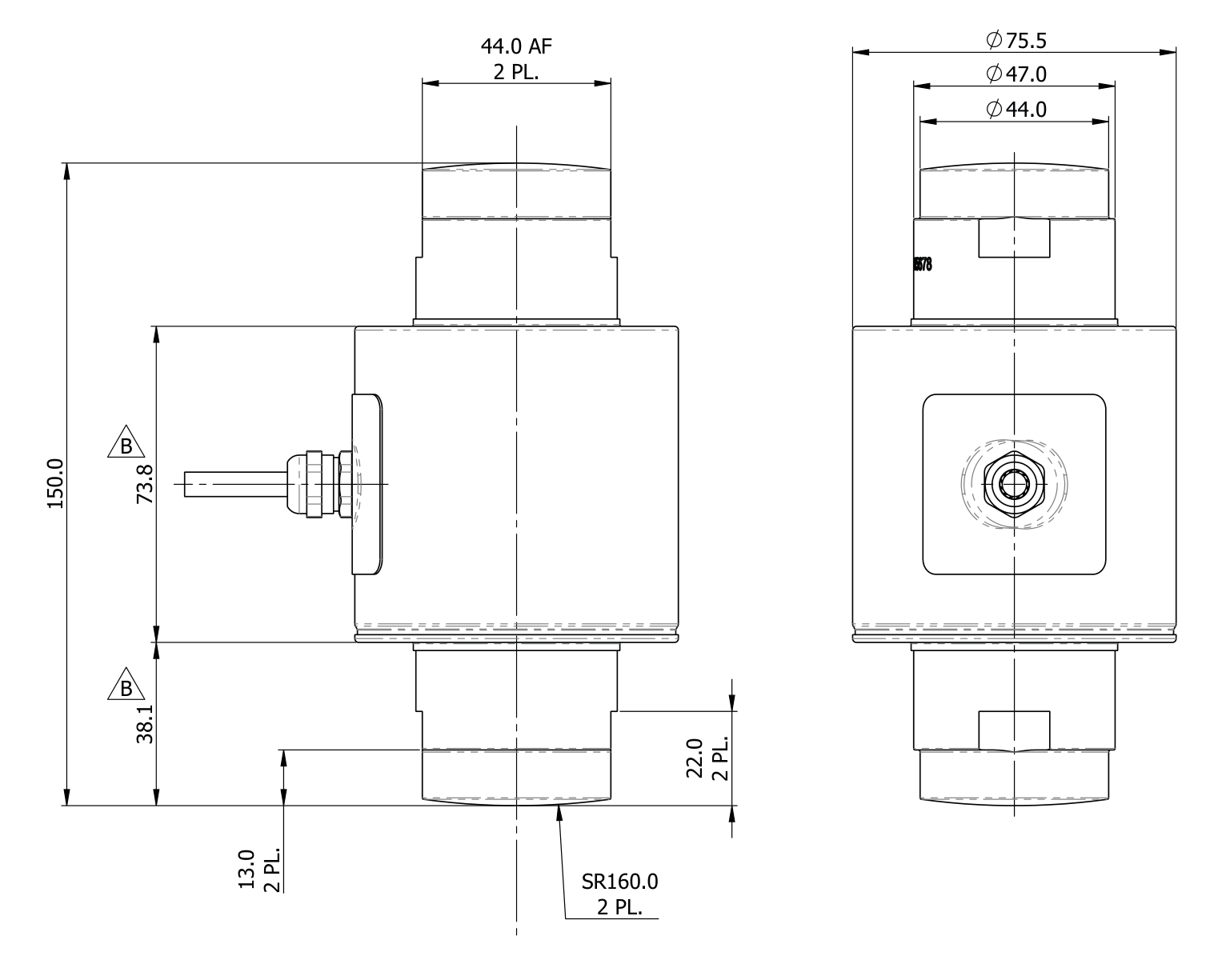 Dibujo de dimensiones: Revere DSC2F-040T-31-01X 40 t Digital Compression Load Cell