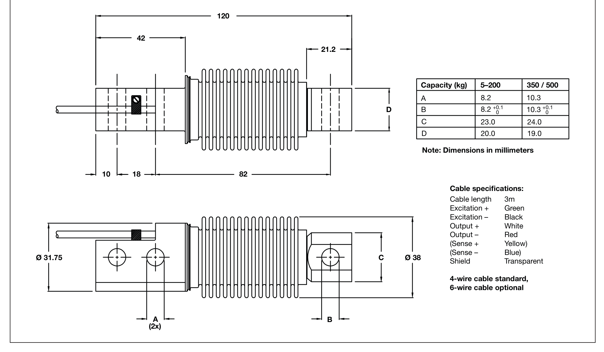 Dibujo de dimensiones: Vishay-Revere SHBXR-5KG-C3/SC 5 kg Shear Beam Load Cell