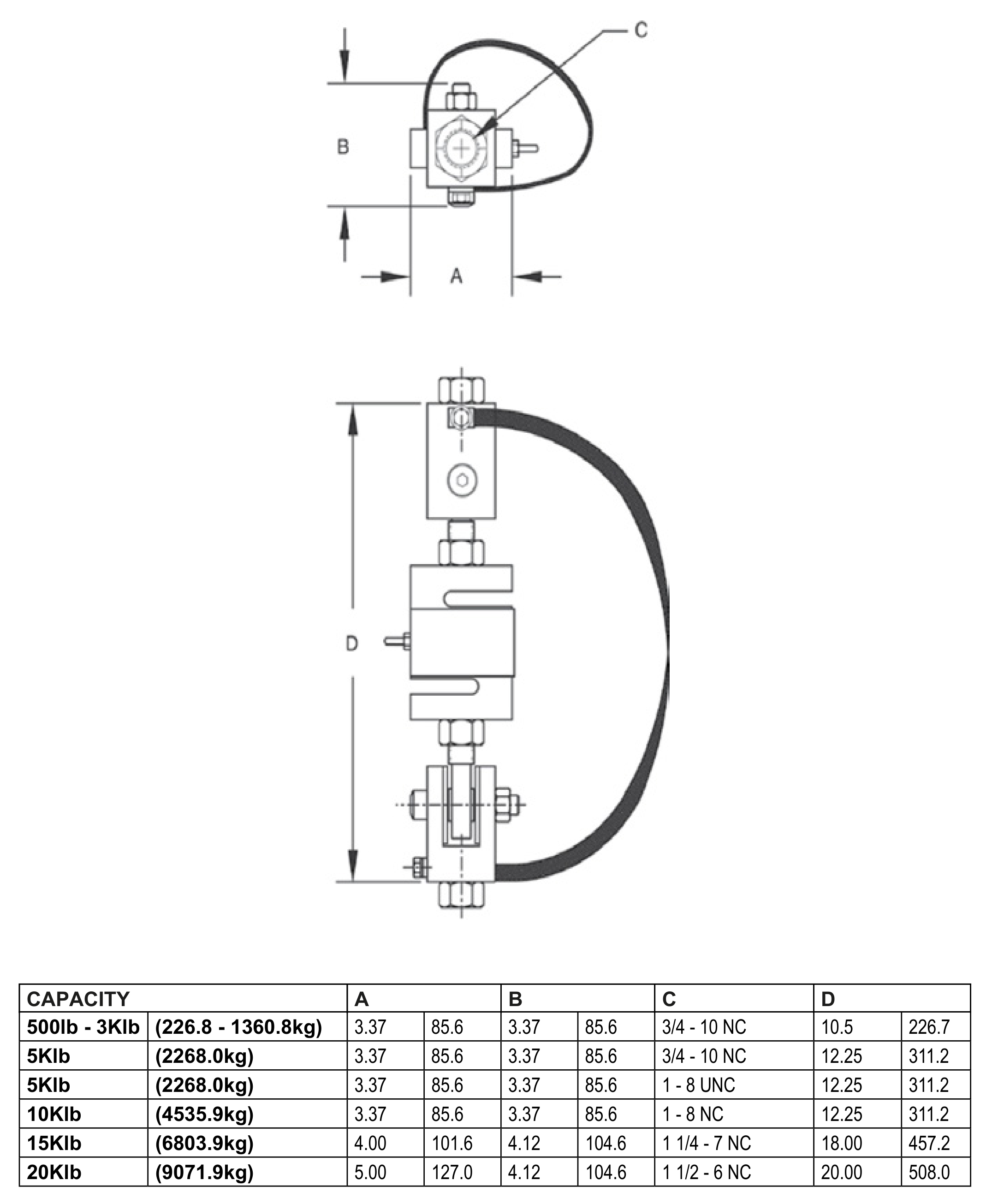 Berman BLS S-Type Load Cell Tension Mount, Clevis and Rod End Kit (2,500-20,000 lb) dimensions drawing