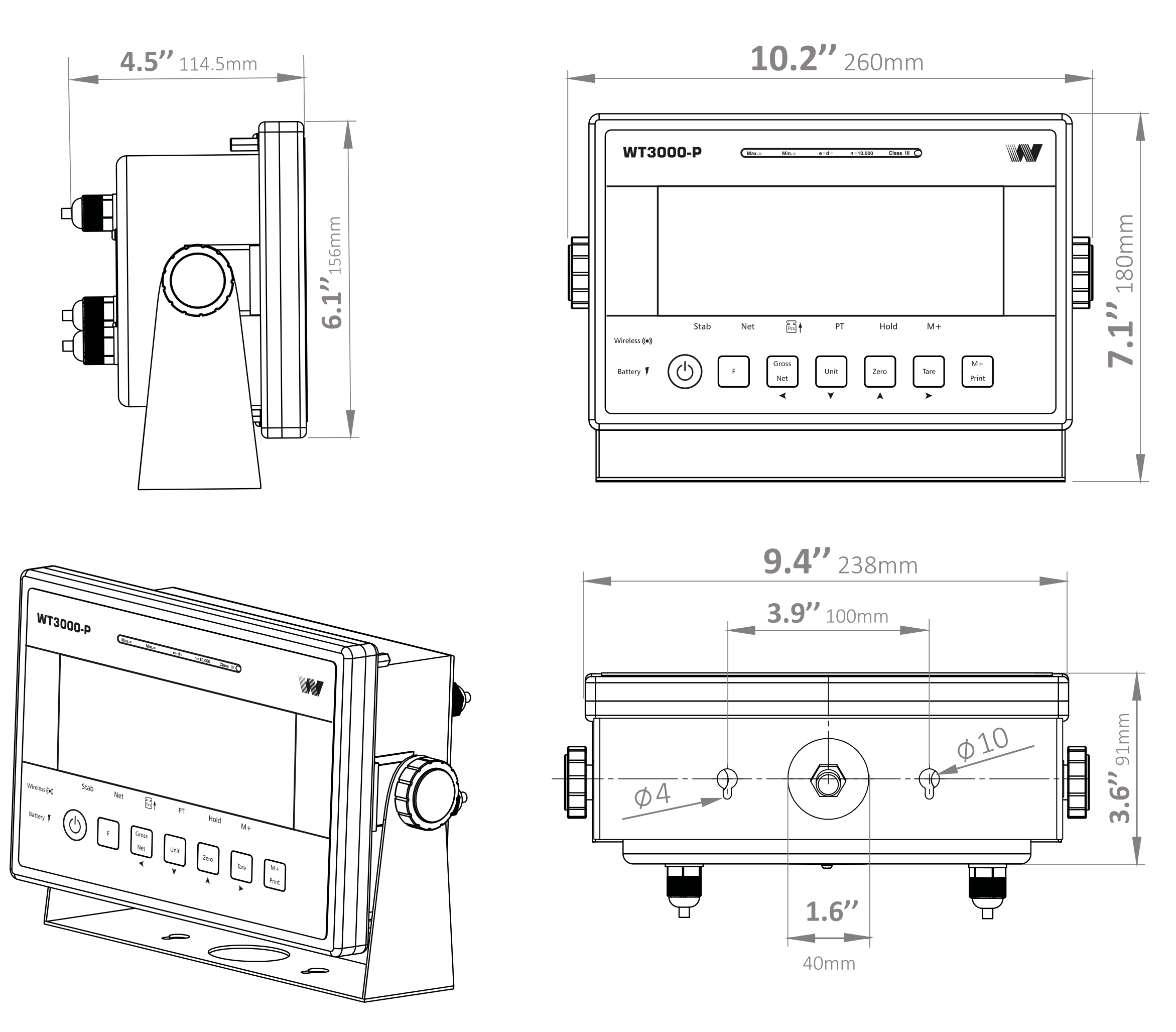 WeightechUSA WT3000P Digital Weight Indicator, Serial RS-232, NTEP Certified dimensions drawing