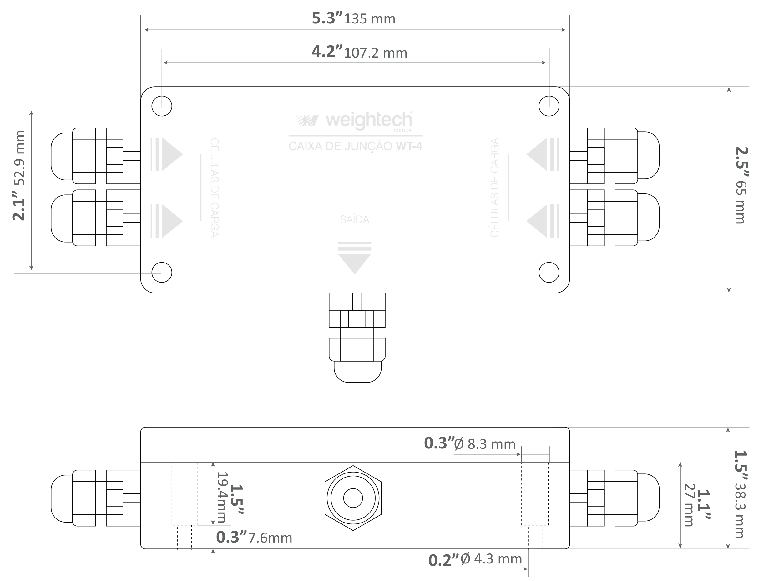 WeightechUSA WT4 Aluminum Junction Box for 4 Load Cells, IP68 dimensions drawing