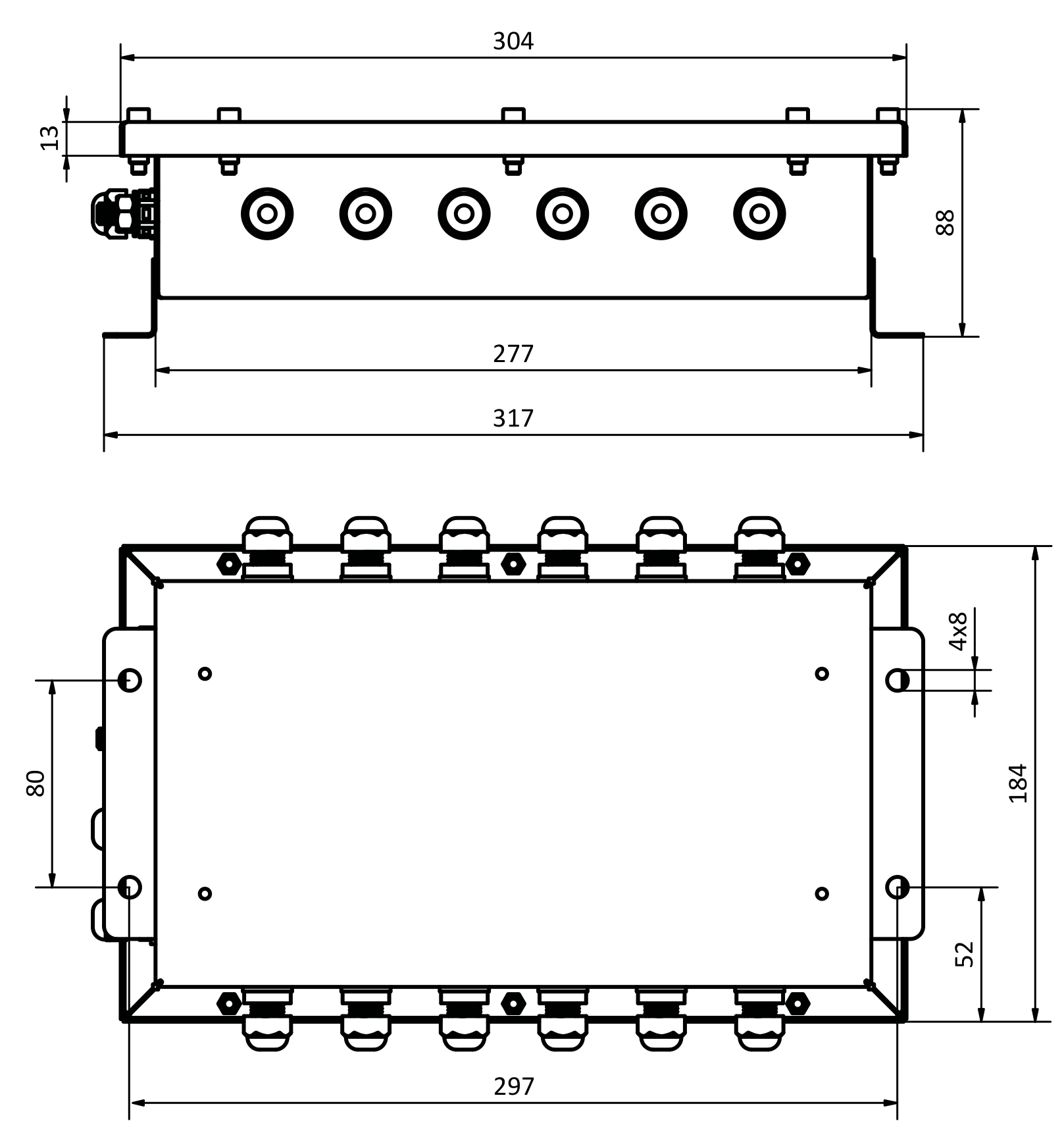 Dibujo de dimensiones: WeightechUSA WTX-CLM8 Smart Junction Box, 8 Independent Channels, IP67 Stainless Steel, 9-36 VDC