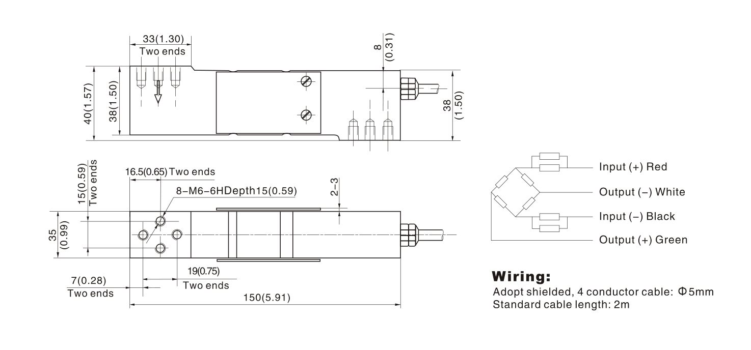 Zemic B6E 150 kg Single Point Load Cell (B6E-C3-150kg-2B) outline dimensions drawing