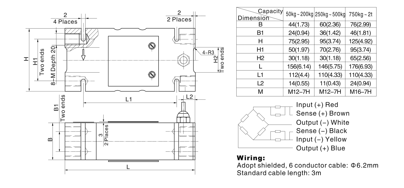 Plano de dimensiones de Celda de carga de punto &uacute;nico Zemic B6F de 750 kg (B6F-C3-750kg-3B6)