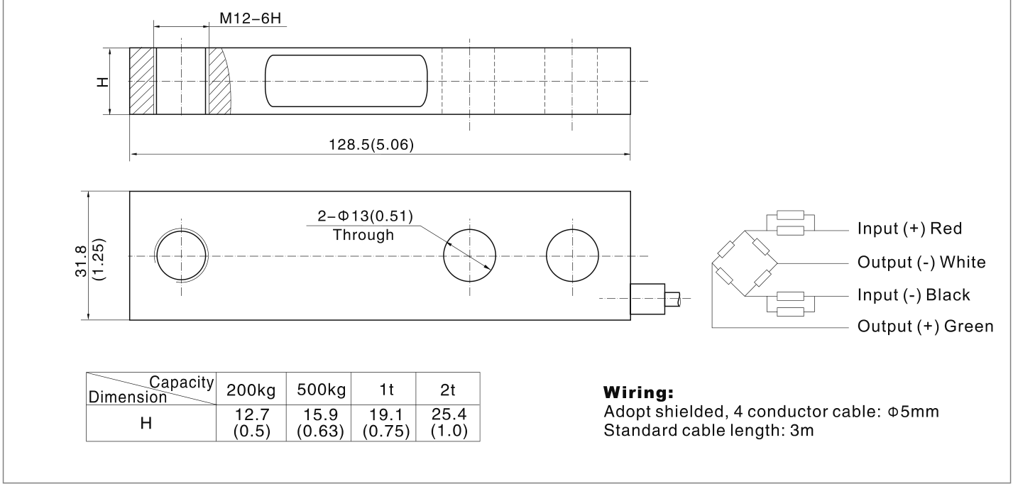 Zemic B8Q 500 kg Shear Beam Load Cell (B8Q-C3-500Kg-4B) outline dimensions drawing