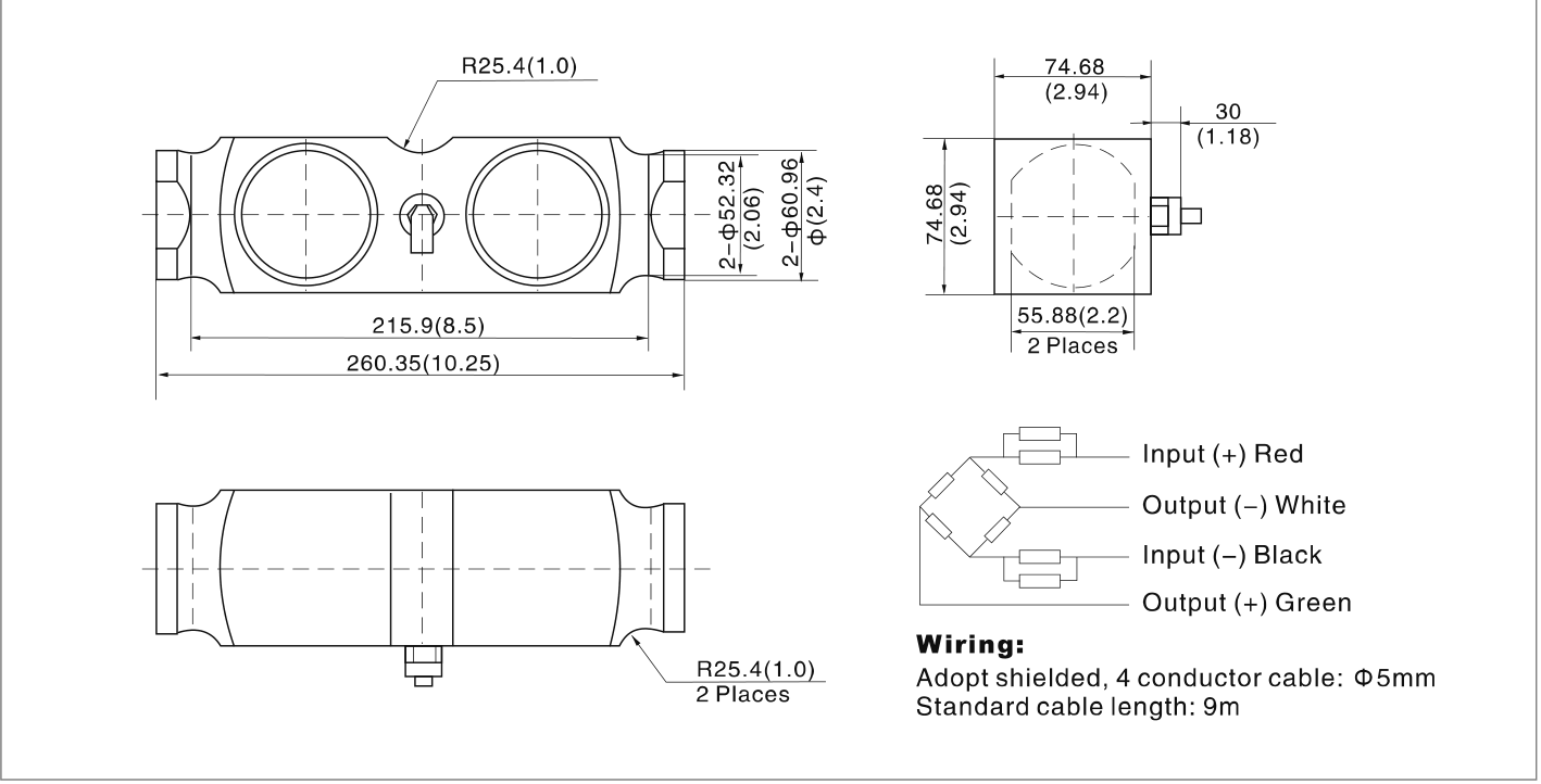 Plano de dimensiones de Celda de carga de doble viga a cortante Zemic B9E de 65000 lb (B9E-N10-65K-9B)