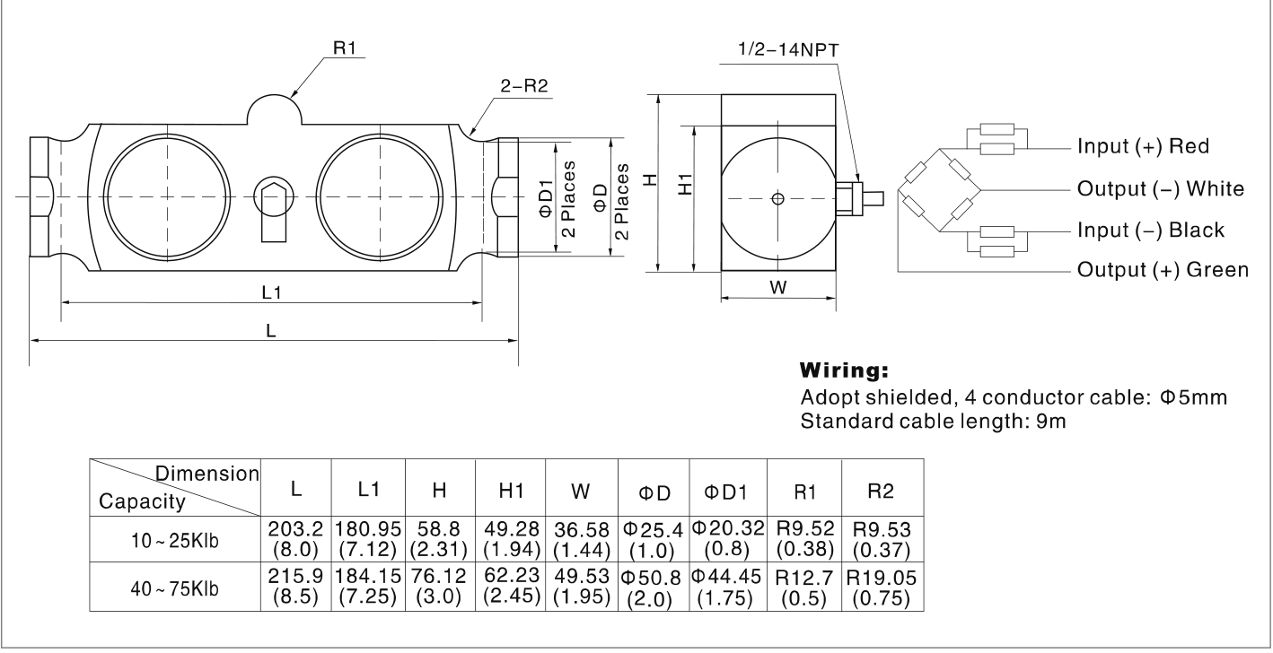 Zemic B9F 20000 lb Double-Ended Shear Beam Load Cell (B9F-N10-20K-9B) outline dimensions drawing