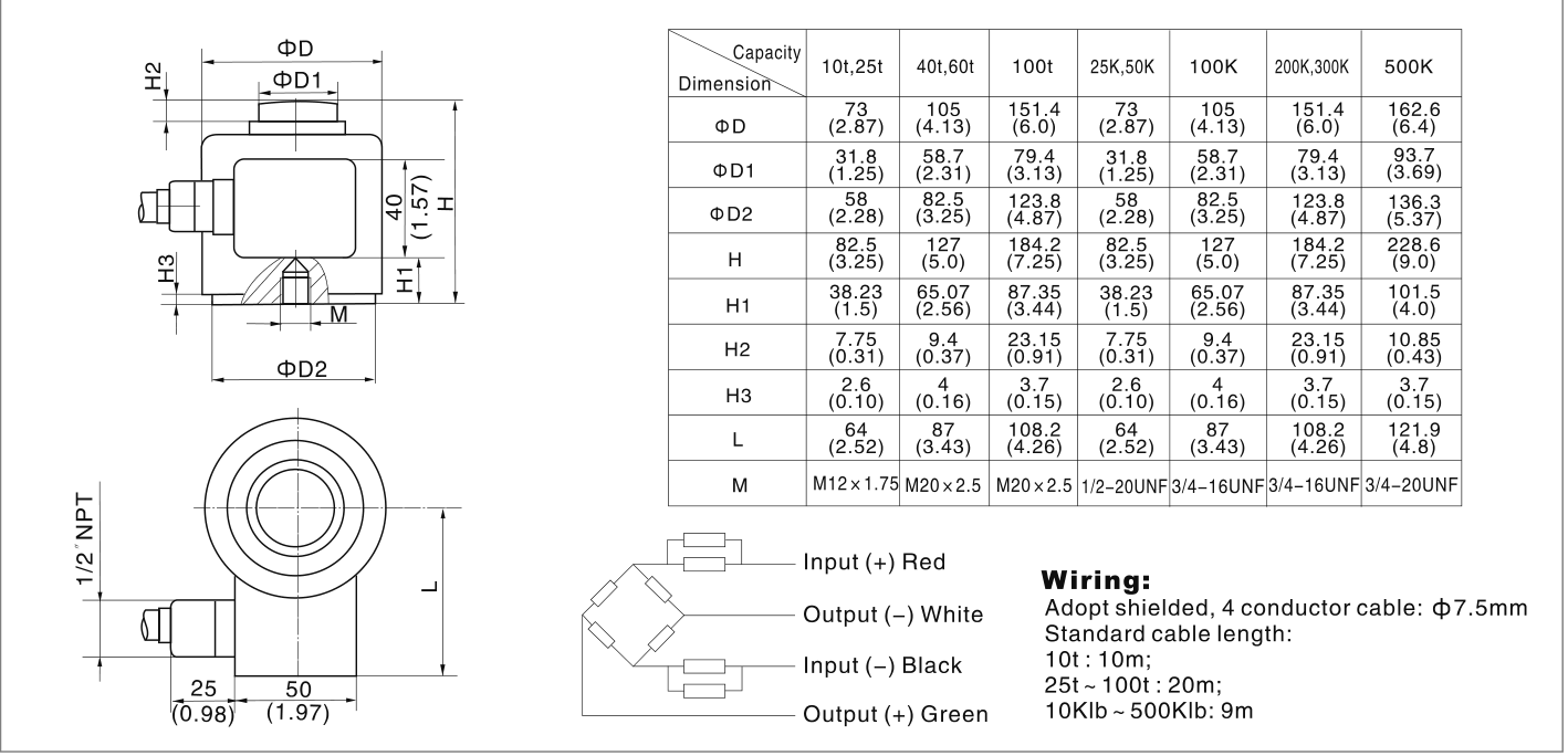 Zemic BM14A 60 t Compression Load Cell (BM14A-C3-60t-20B-SC) outline dimensions drawing