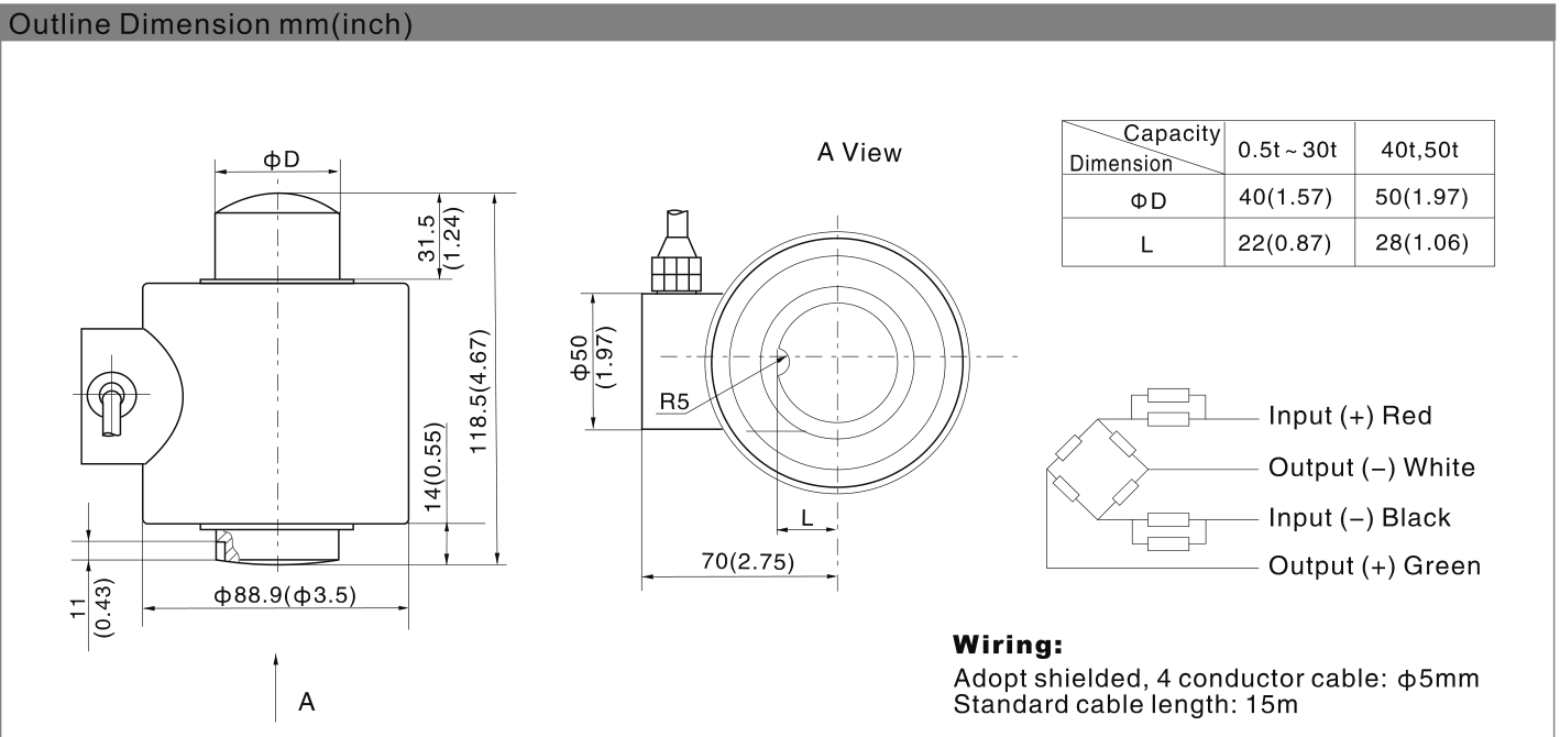 Zemic BM14C 20 t Compression Load Cell (BM14C-C3-20t-15B6) outline dimensions drawing