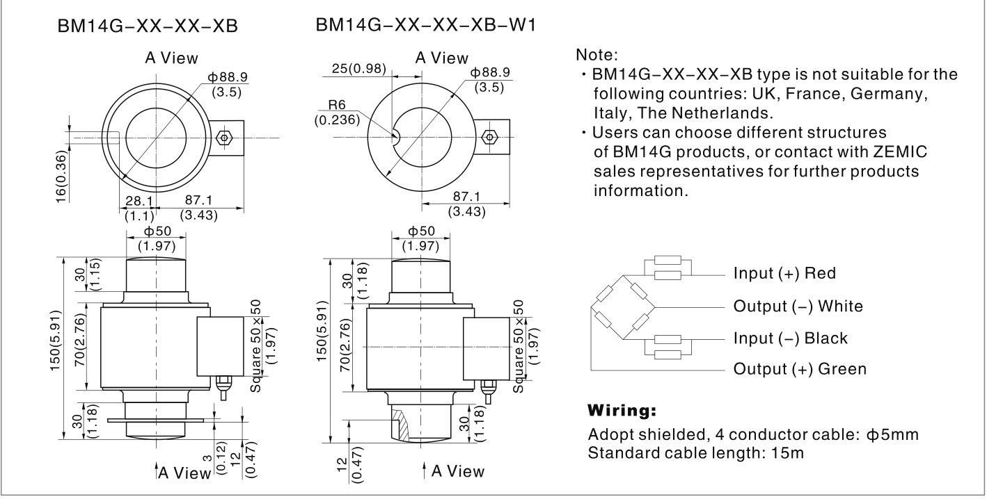 Zemic BM14G 20 t Compression Load Cell (BM14G-C3-20t-15B-SC) outline dimensions drawing