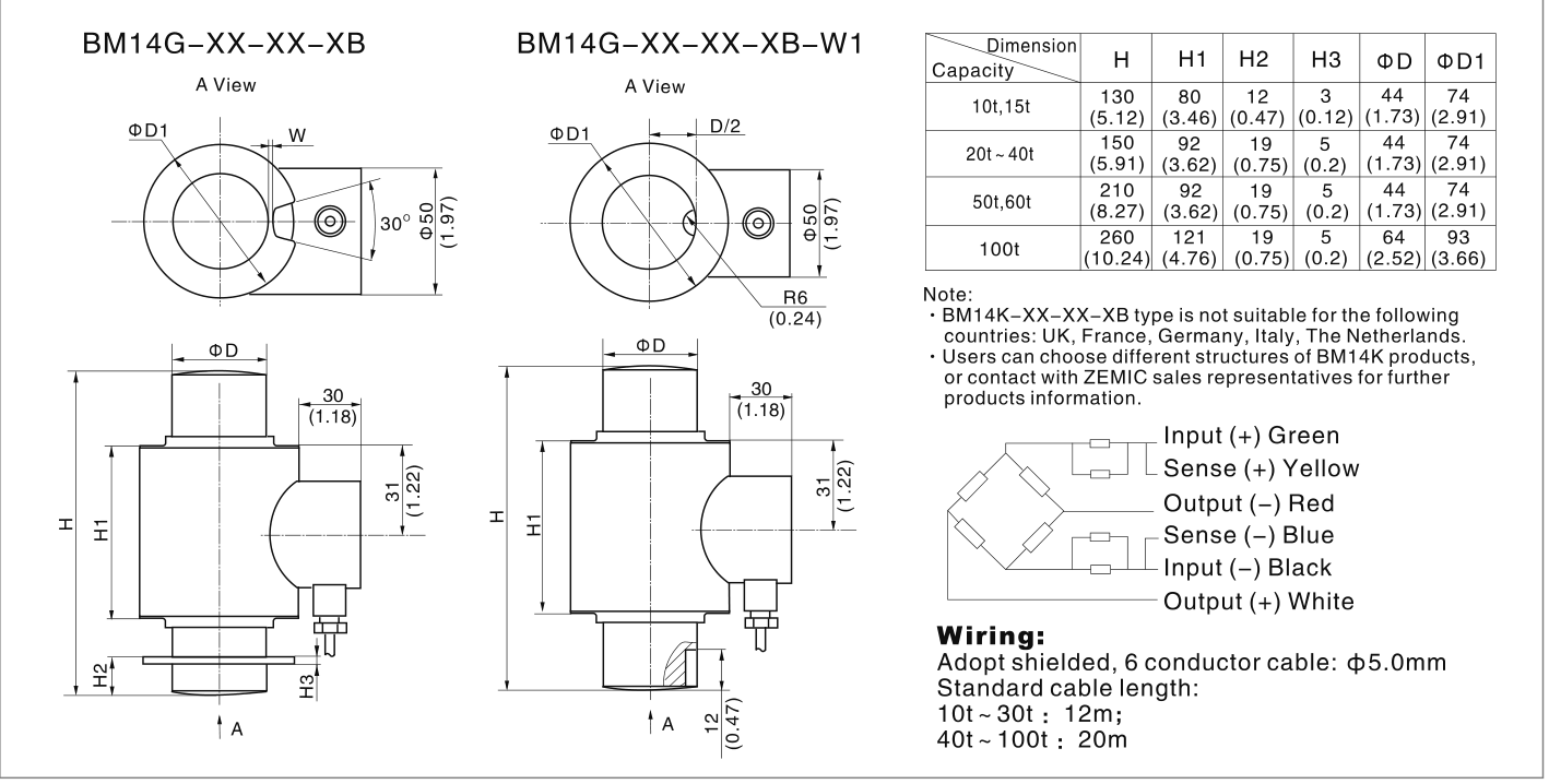 Zemic BM14K 60 t Compression Load Cell (BM14K-C3-60t-20B6) outline dimensions drawing