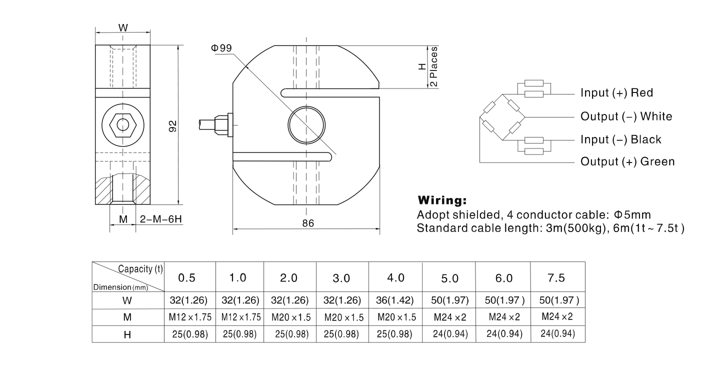 Zemic BM3 500 kg S-Type Load Cell (BM3-C3-500kg-3B) outline dimensions drawing