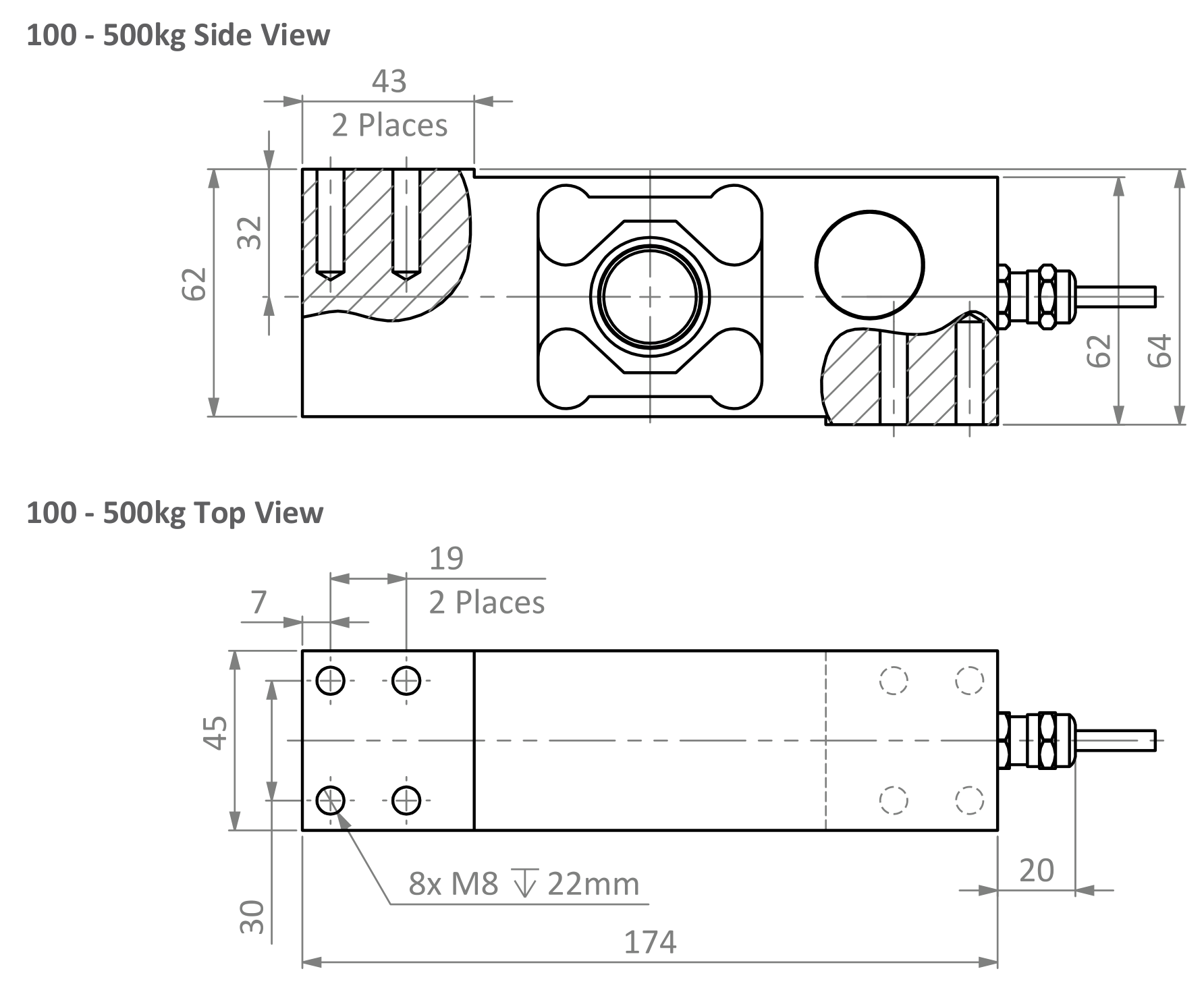 Dibujo de dimensiones: Zemic BM6G-C3-300kg-3B 300 kg Single Point Load Cell