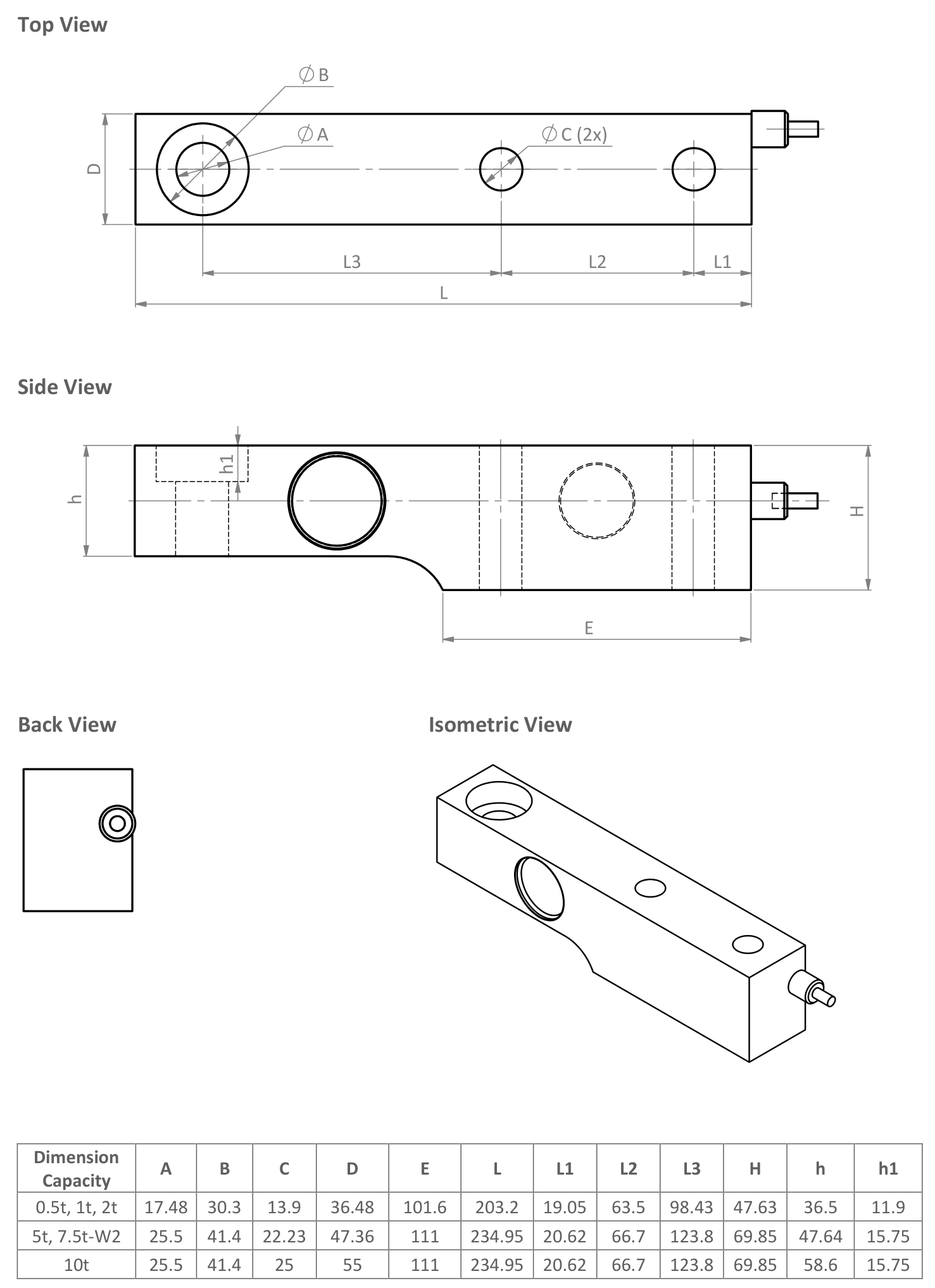 Plano de dimensiones de Celda de carga tipo viga a cortante Zemic BM8G de 5 t (BM8G-C3-5.0t-5B)