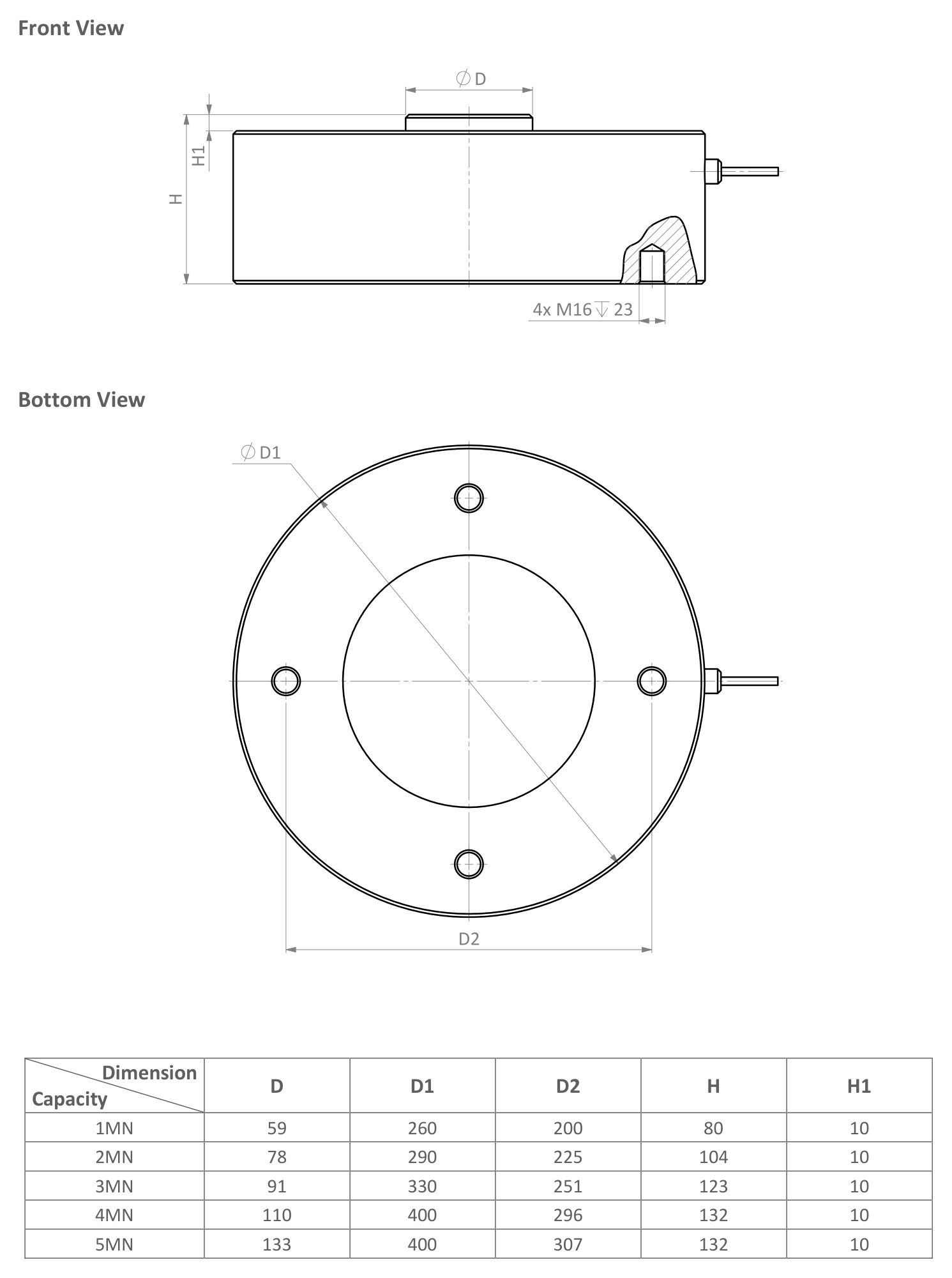 Zemic H2A 2 MN Compression Load Cell (H2A-G2-2MN-5T) outline dimensions drawing