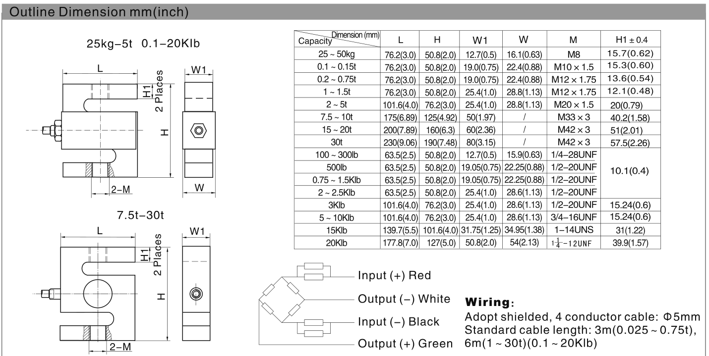 Plano de dimensiones de Celda de carga tipo S Zemic H3 de 15000 lb (H3-N10-15K-6YB)