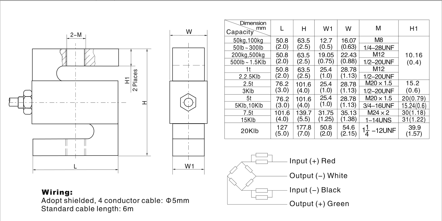 Zemic H3G 75 lb S-Type Load Cell (H3G-N3-75-6YB) outline dimensions drawing