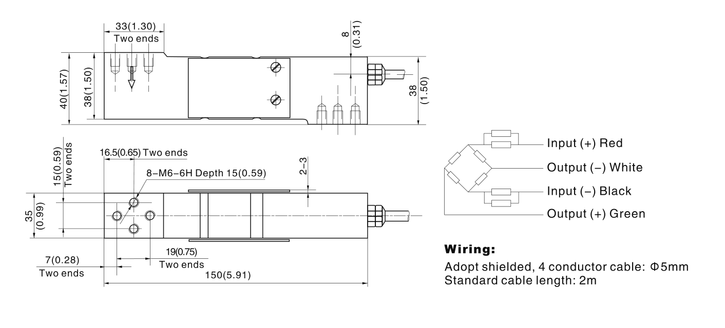 Zemic H6E 300 kg Single Point Load Cell (H6E-C3-300kg-2B) outline dimensions drawing