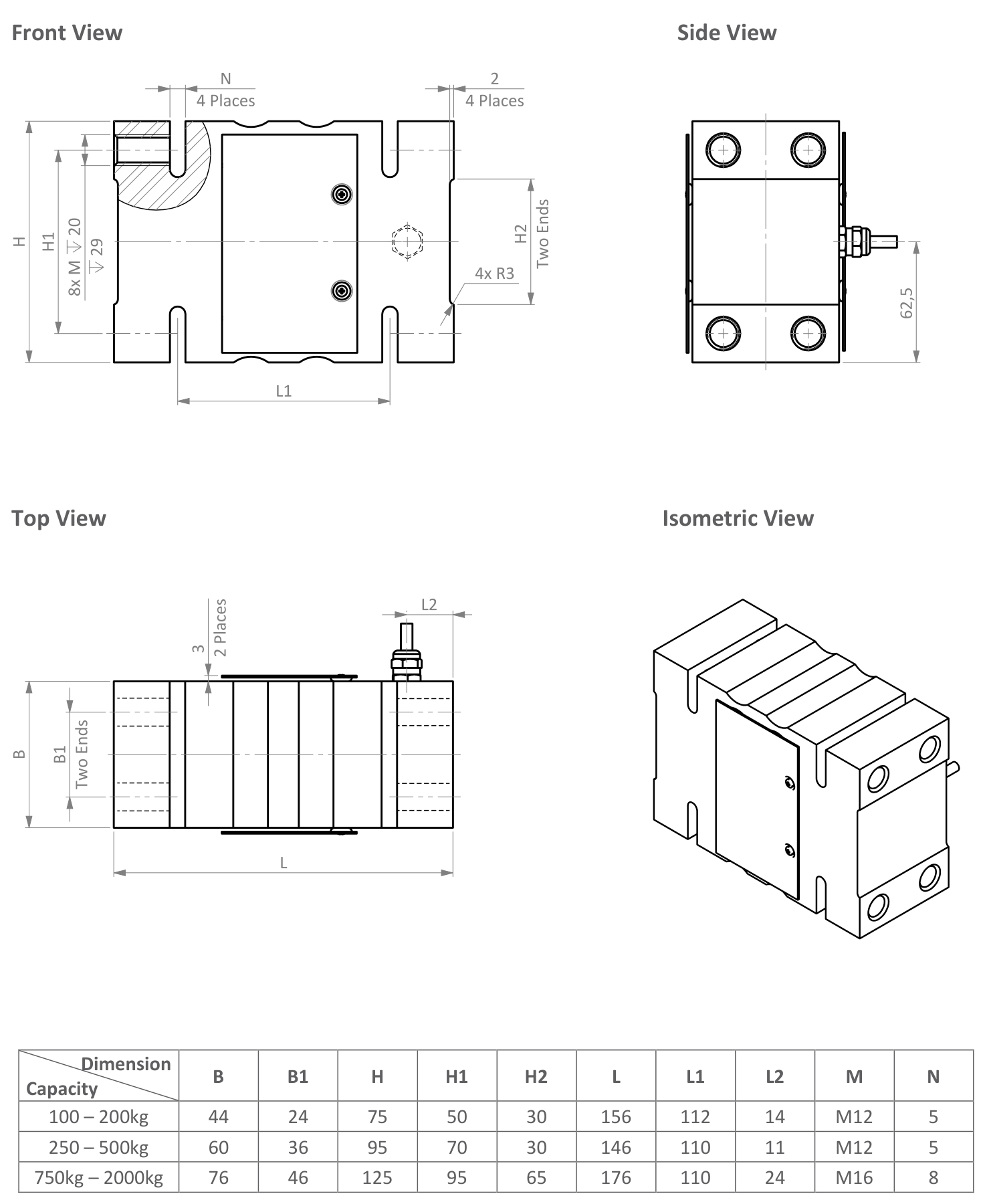 Zemic H6F 500 kg Single Point Load Cell (H6F-C3-500kg-3B6) outline dimensions drawing