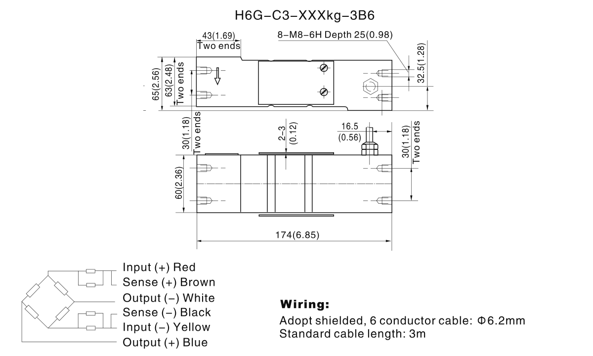Zemic H6G 250 kg Single Point Load Cell (H6G-C3-250kg-3B6) outline dimensions drawing