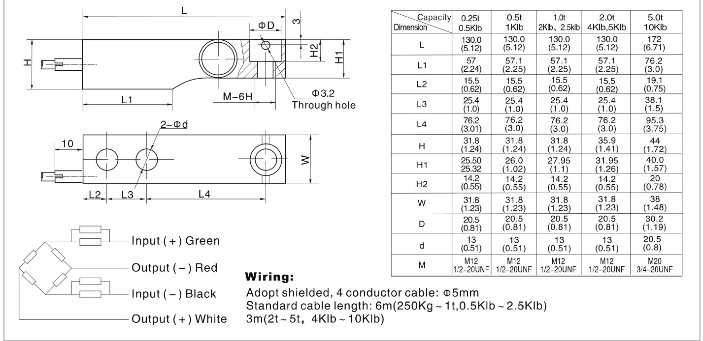 Zemic H8H 250 kg Shear Beam Load Cell (H8H-C3-250kg-4B) outline dimensions drawing