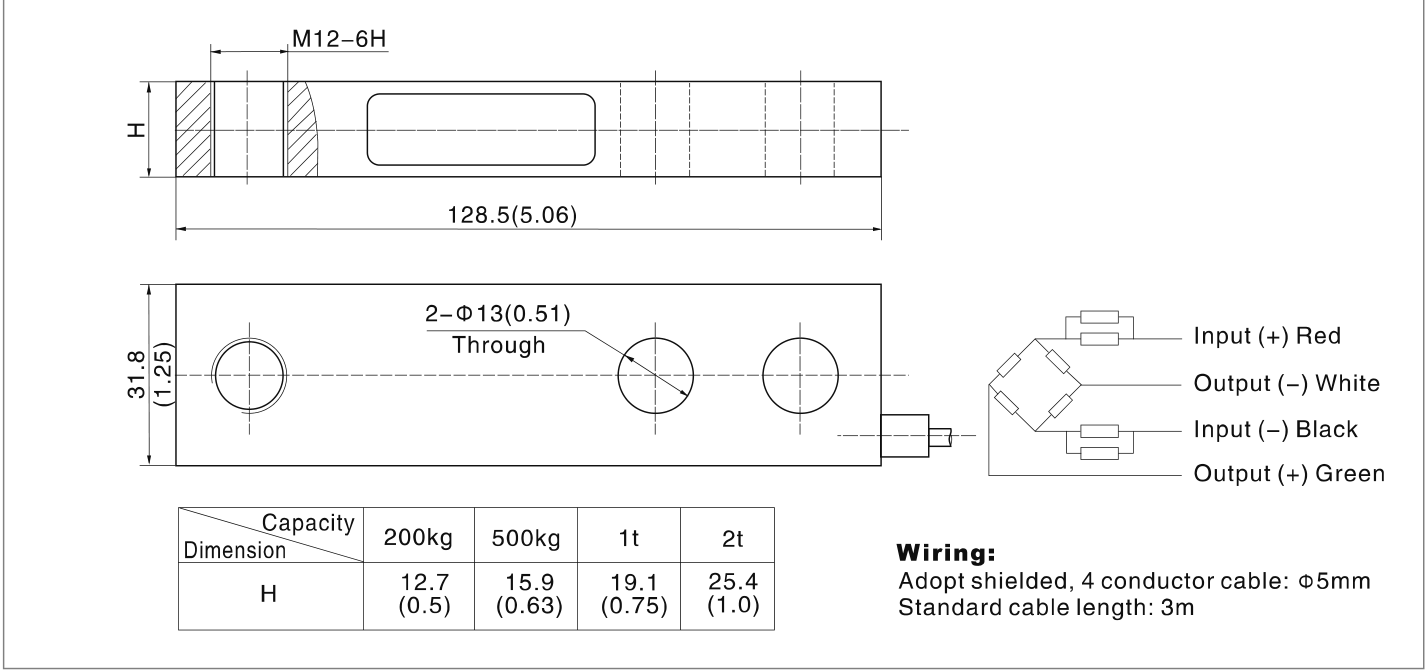 Zemic H8Q 500 kg Shear Beam Load Cell (H8Q-C3-500Kg-4B) outline dimensions drawing