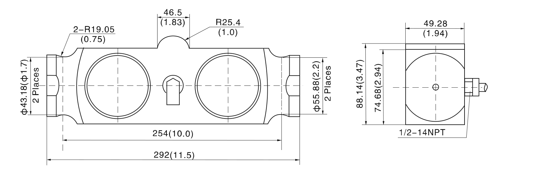 Zemic H9H Double-Ended Shear Beam Load Cell dimensions drawing