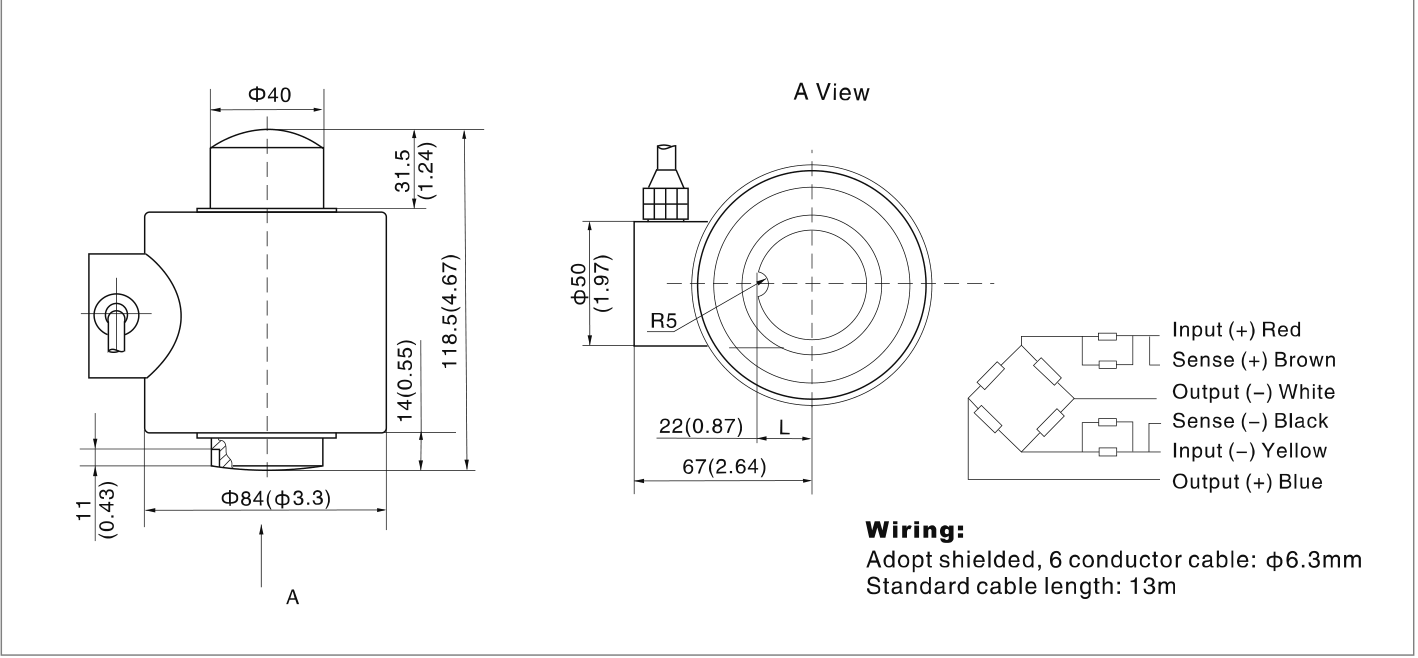 Zemic HM14C 30 t Compression Load Cell (HM14C-C3-30t-13B6) outline dimensions drawing