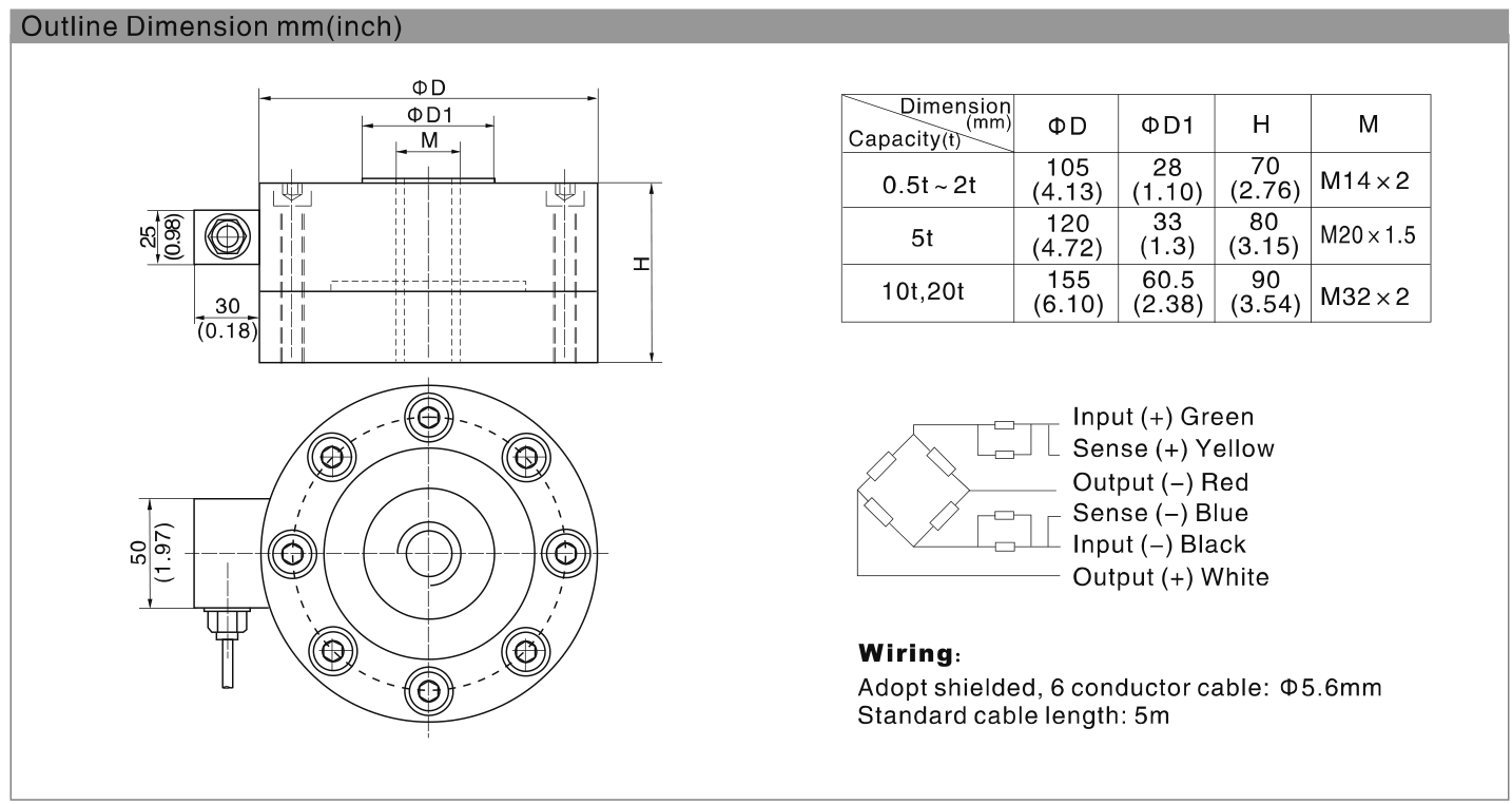 Zemic HM2D4 1 t Spoke Type Load Cell (HM2D4-C3-1t-5B6) outline dimensions drawing