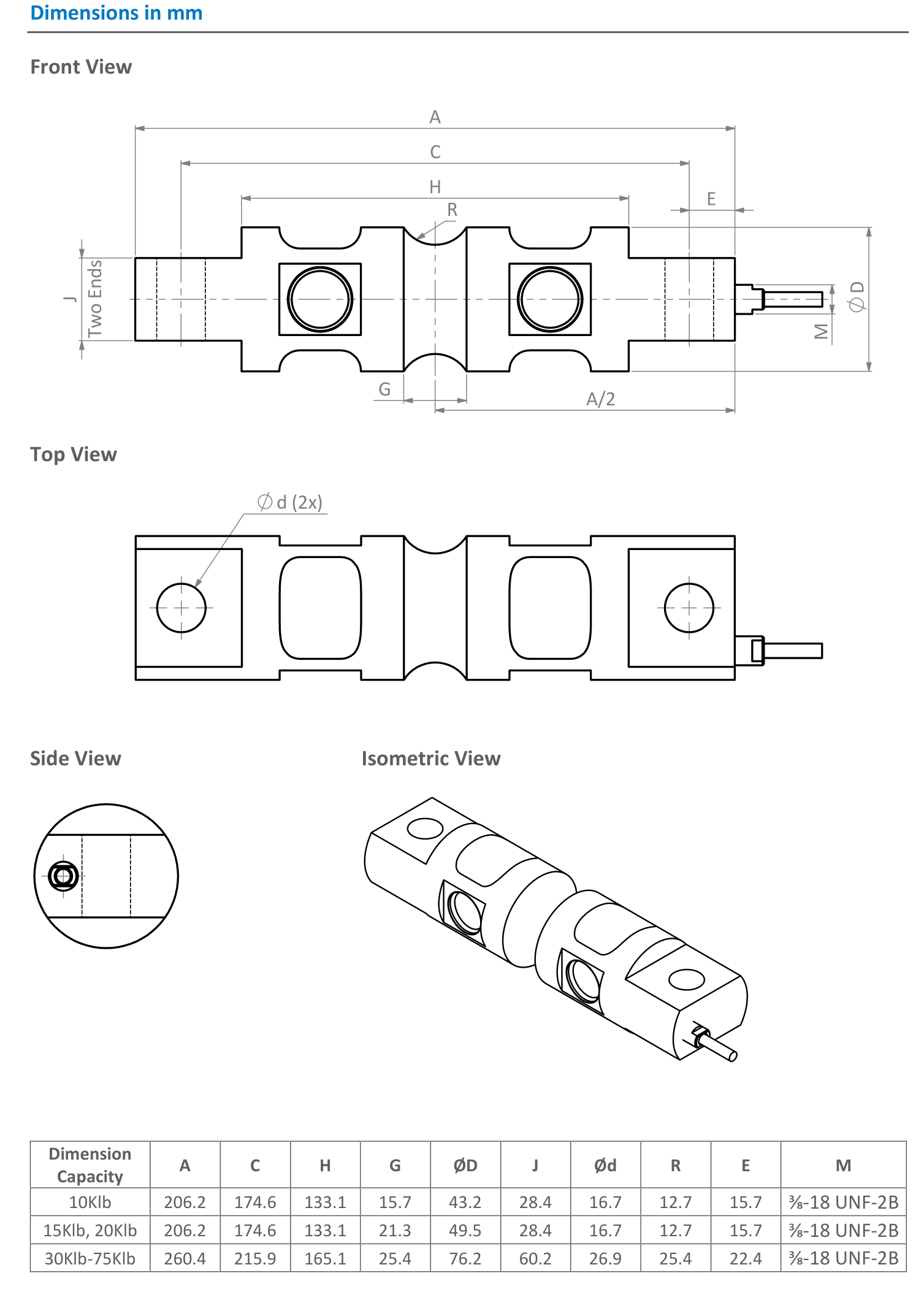 Plano de dimensiones de Celda de carga de doble viga a cortante Zemic HM9C de 40000 lb (HM9C-N10-40K-9.3B)